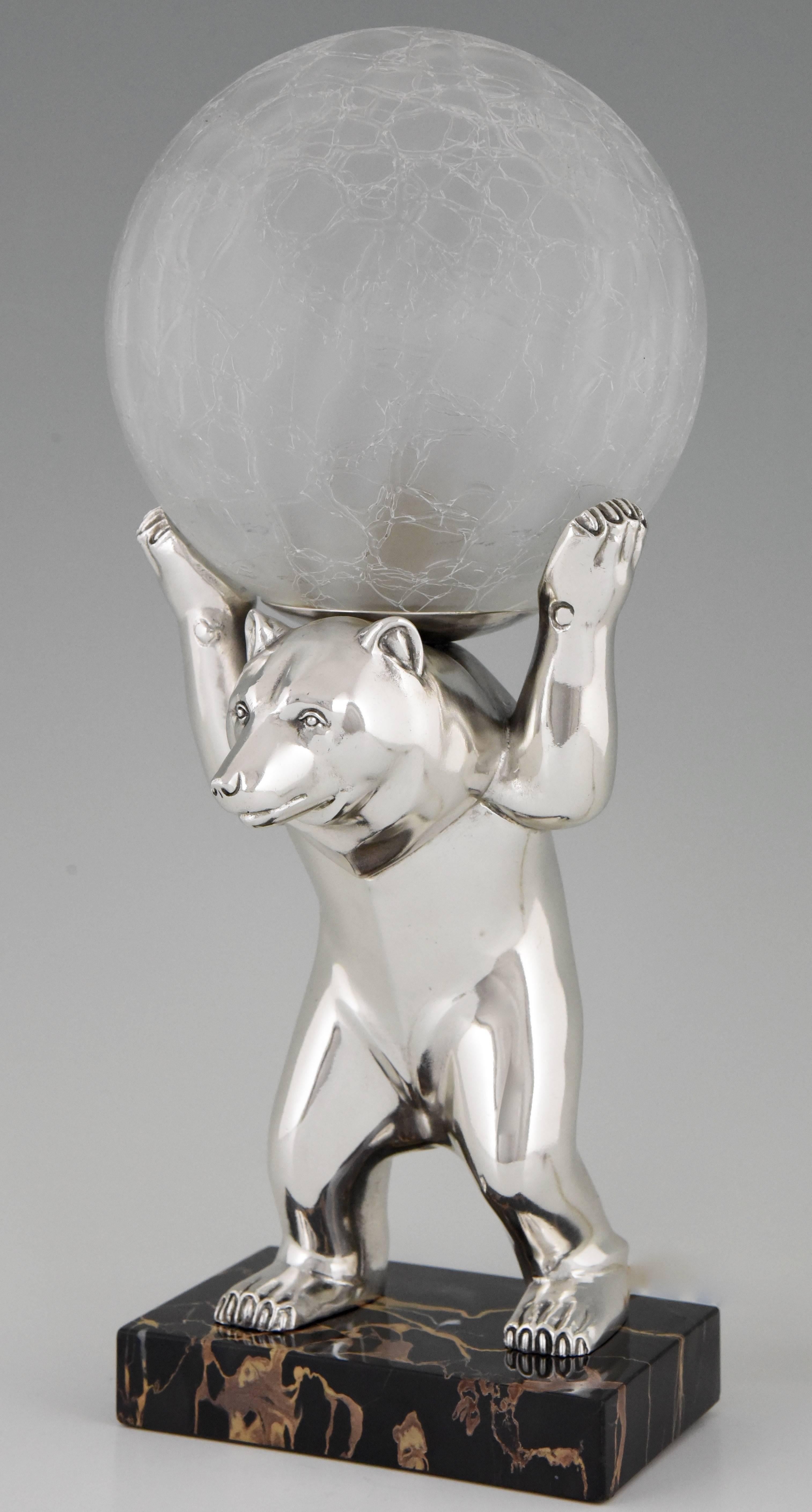 French Art Deco Silvered Bear Lamp with Crackle Glass Globe, Irenee Rochard In Excellent Condition In Antwerp, BE
