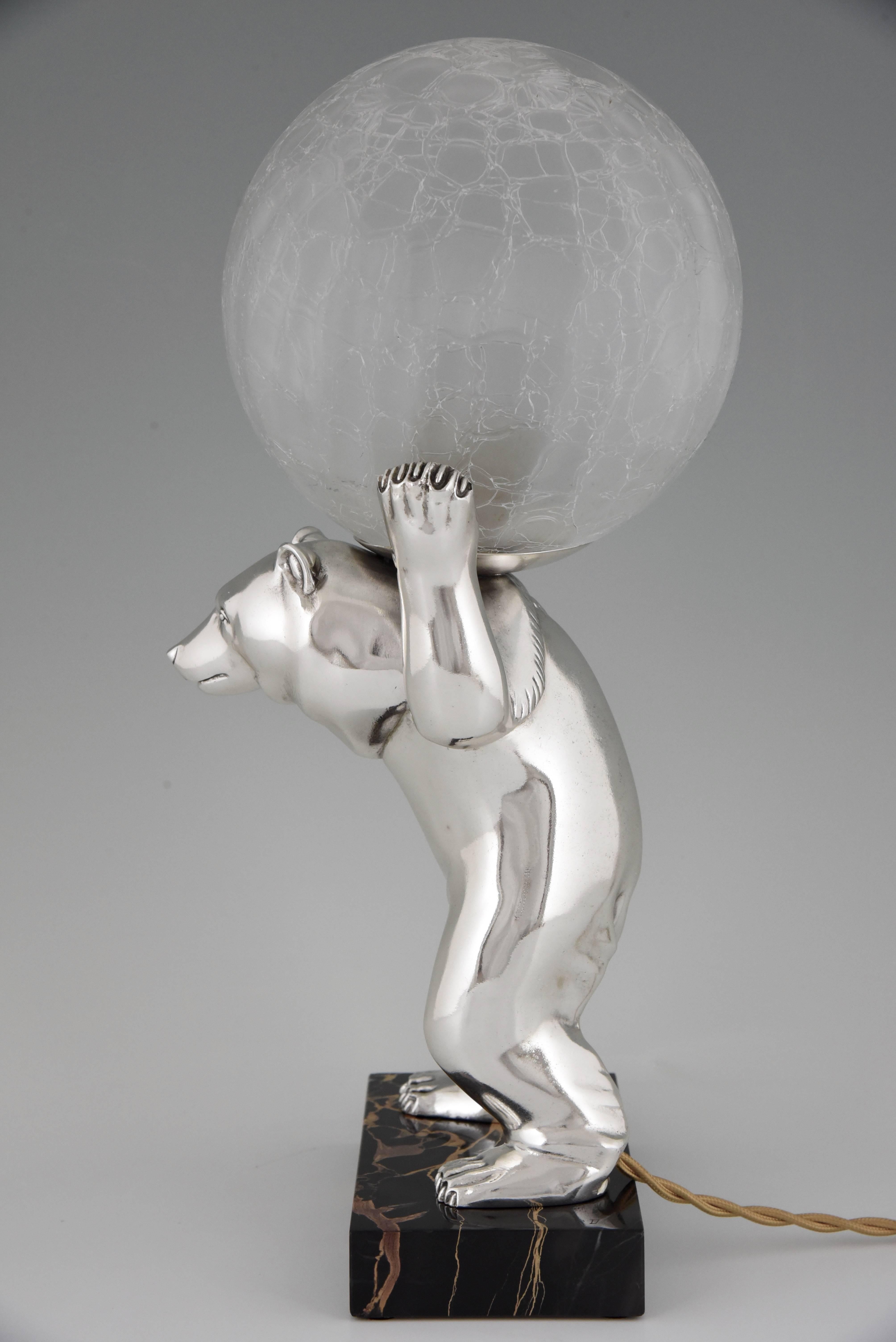 20th Century French Art Deco Silvered Bear Lamp with Crackle Glass Globe, Irenee Rochard