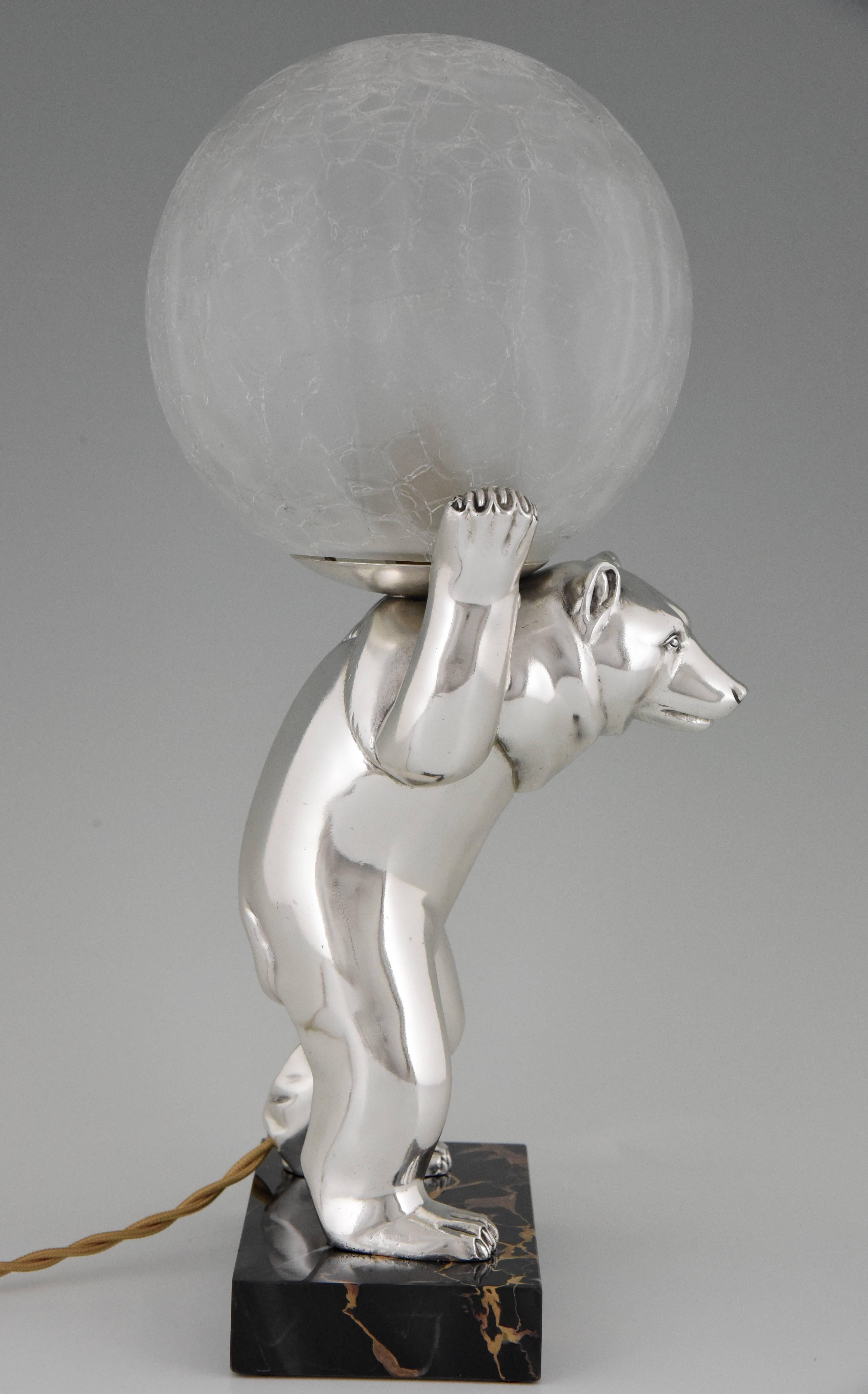 Metal French Art Deco Silvered Bear Lamp with Crackle Glass Globe, Irenee Rochard