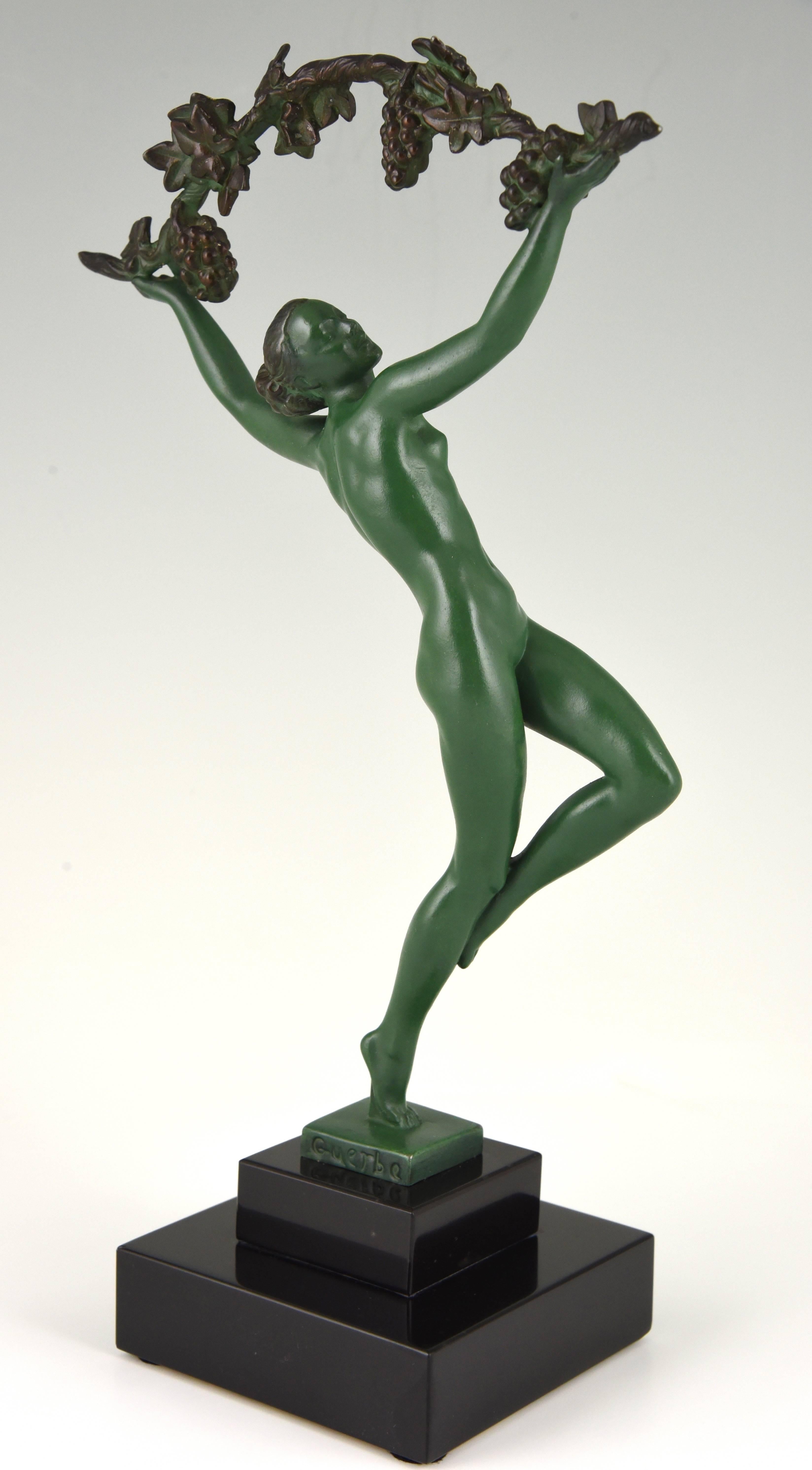 Metal French Art Deco Sculpture of a Nude with a Branch of Grapes by Raymonde Guerbe