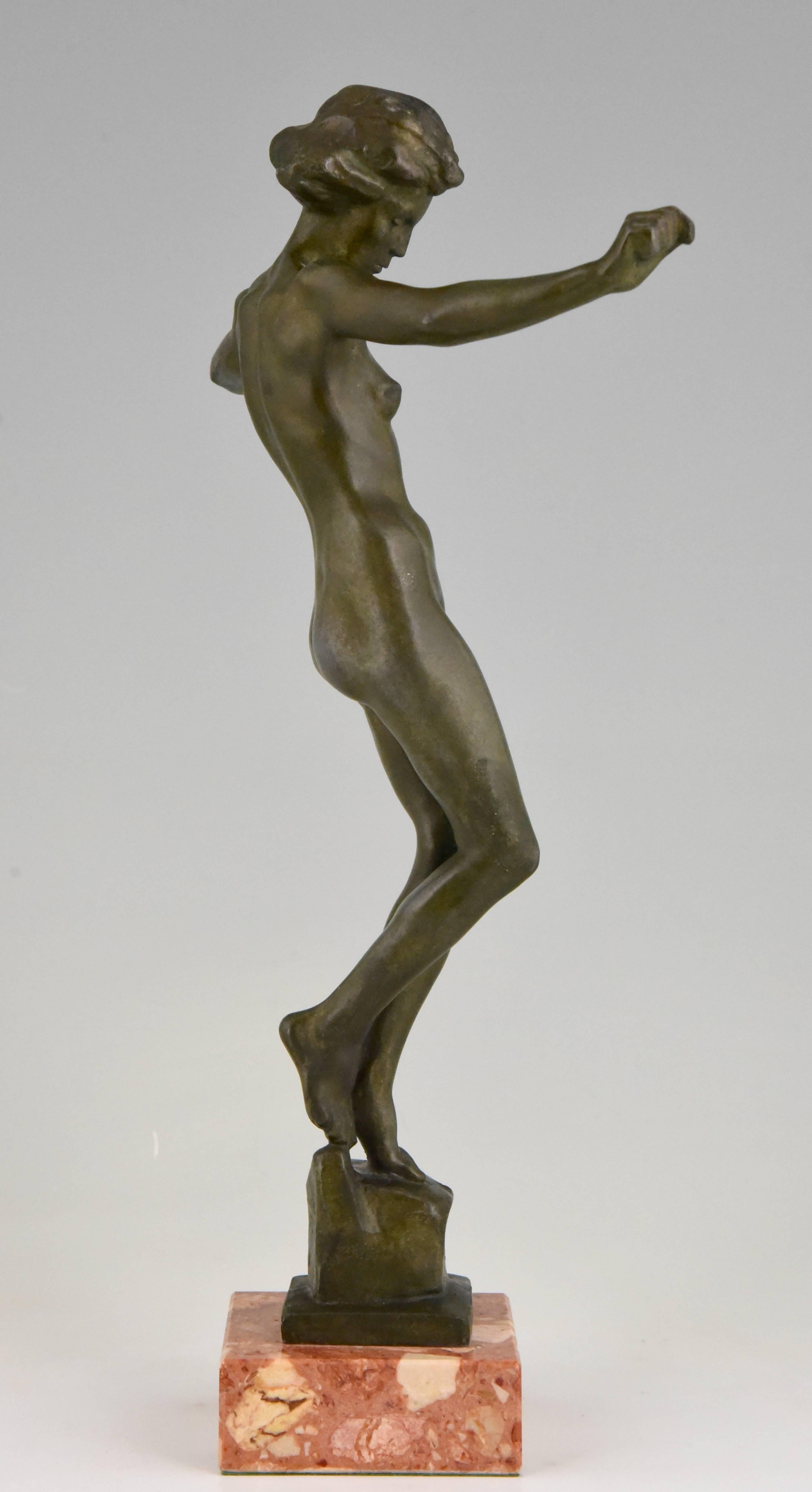 Patinated Art Deco Bronze Sculpture of a Nude Dancer David Fahrner, 1941