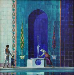 Peinture d'un paysage oriental d'une famille à une fontaine par Peter Todd Mitchell