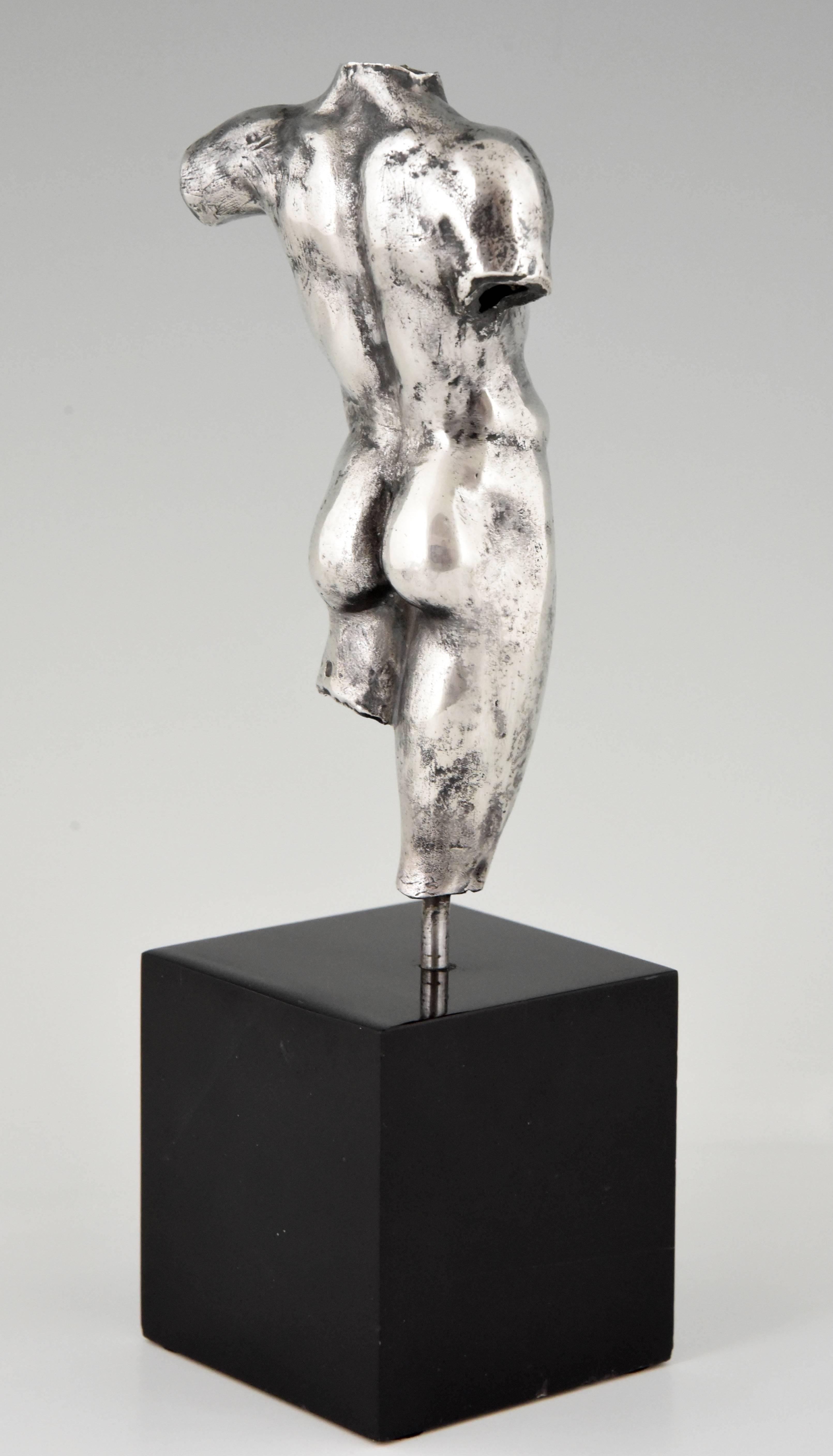 French Antique Silver Sculpture Male Nude Torso, France, 1900