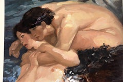 French Art Nouveau Painting Mermaid and Fisherman Embracing J. Huysmans, 1900