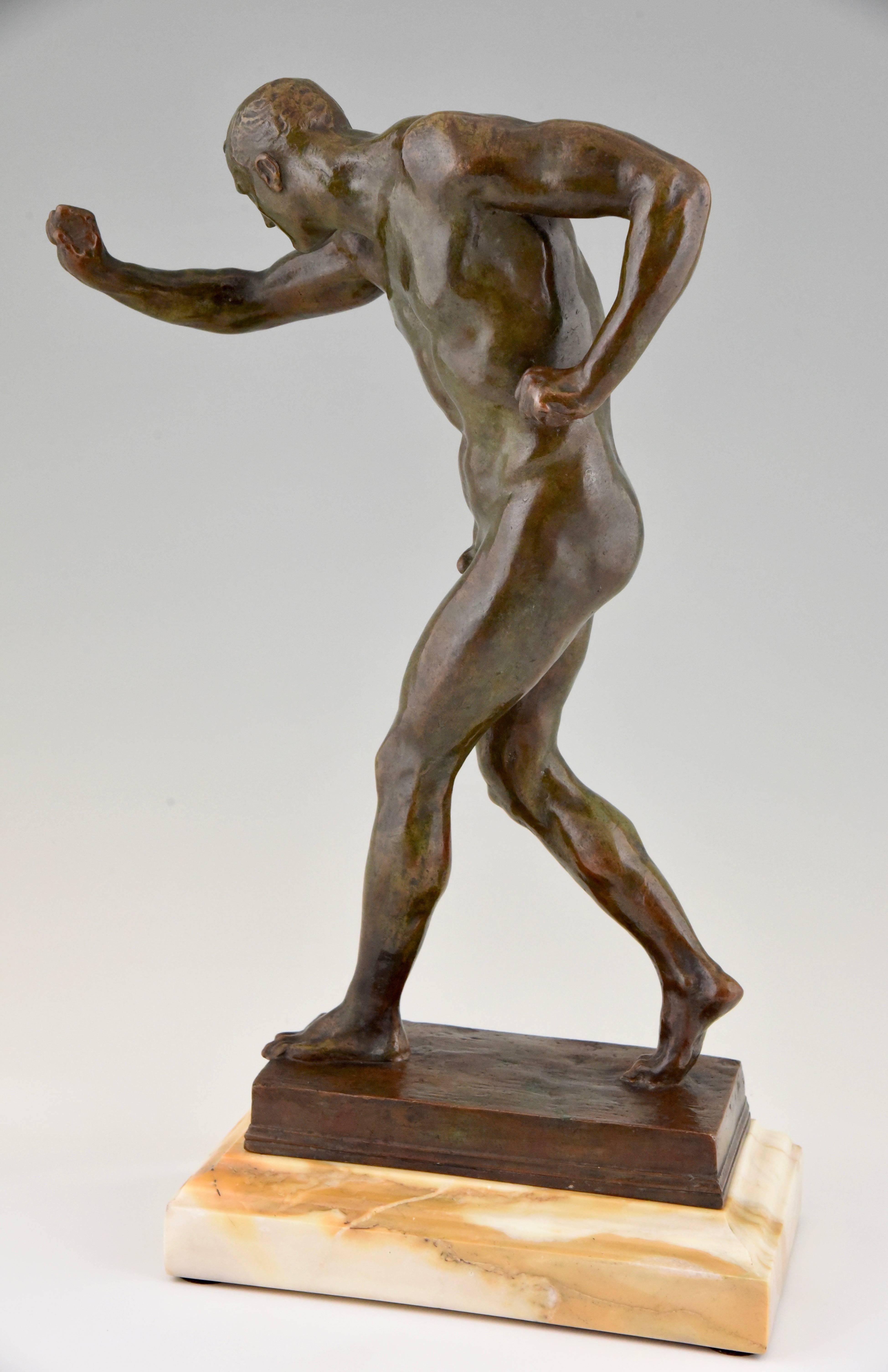 Fine antique Italian bronze sculpture of a male nude athlete.
Artist/ maker: DL or PL
Signature/ marks: Monogram DL or PL
Date: 1900
Material: Bronze on marble base
Origin: Italy
Size: H. 50.5 cm. x L. 36 cm. x W. 16 cm.
H. 19.8 inch x L.