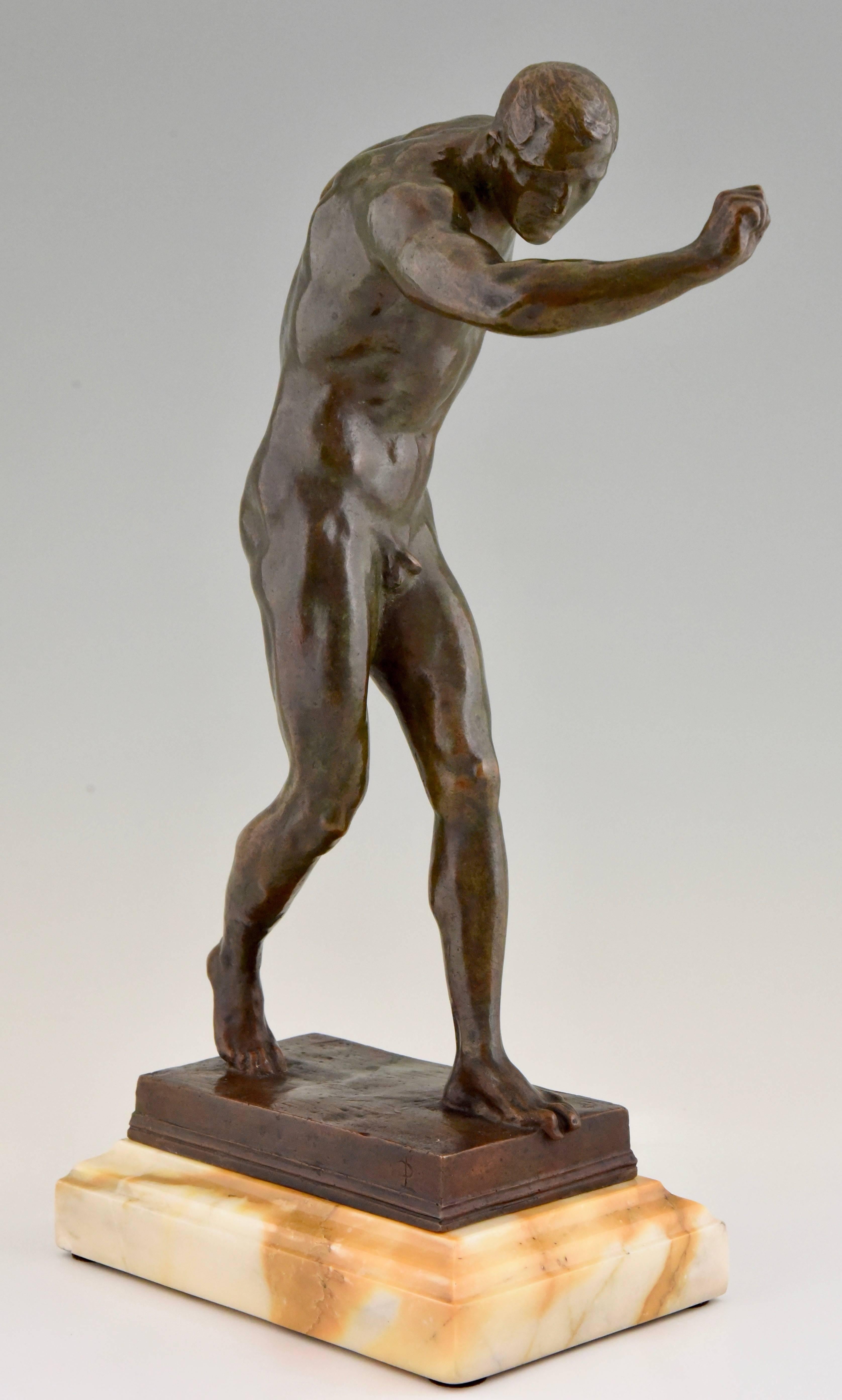 Art Nouveau Antique Italian Bronze Sculpture of a Male Nude Athlete, circa 1900