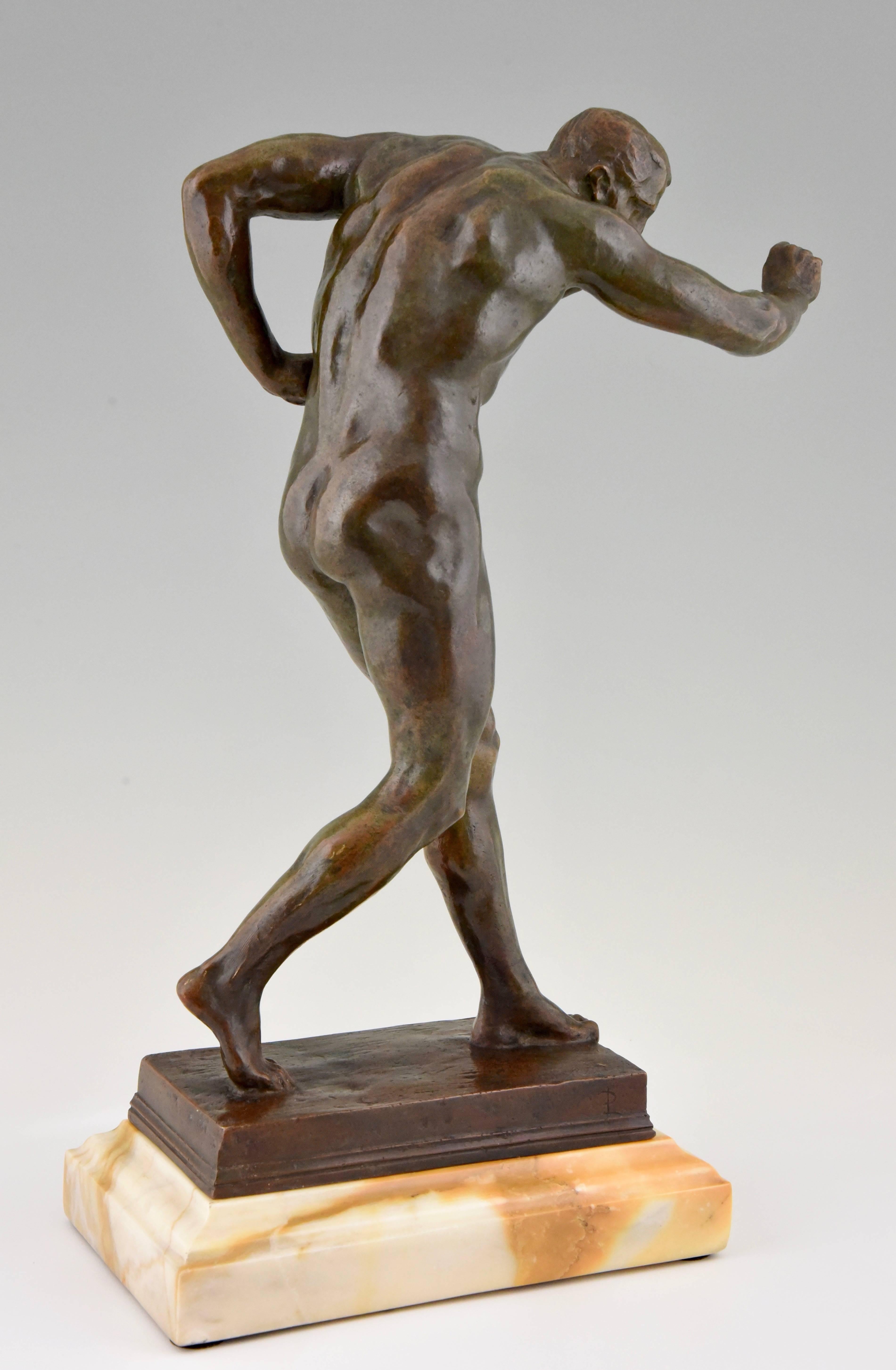 Patinated Antique Italian Bronze Sculpture of a Male Nude Athlete, circa 1900