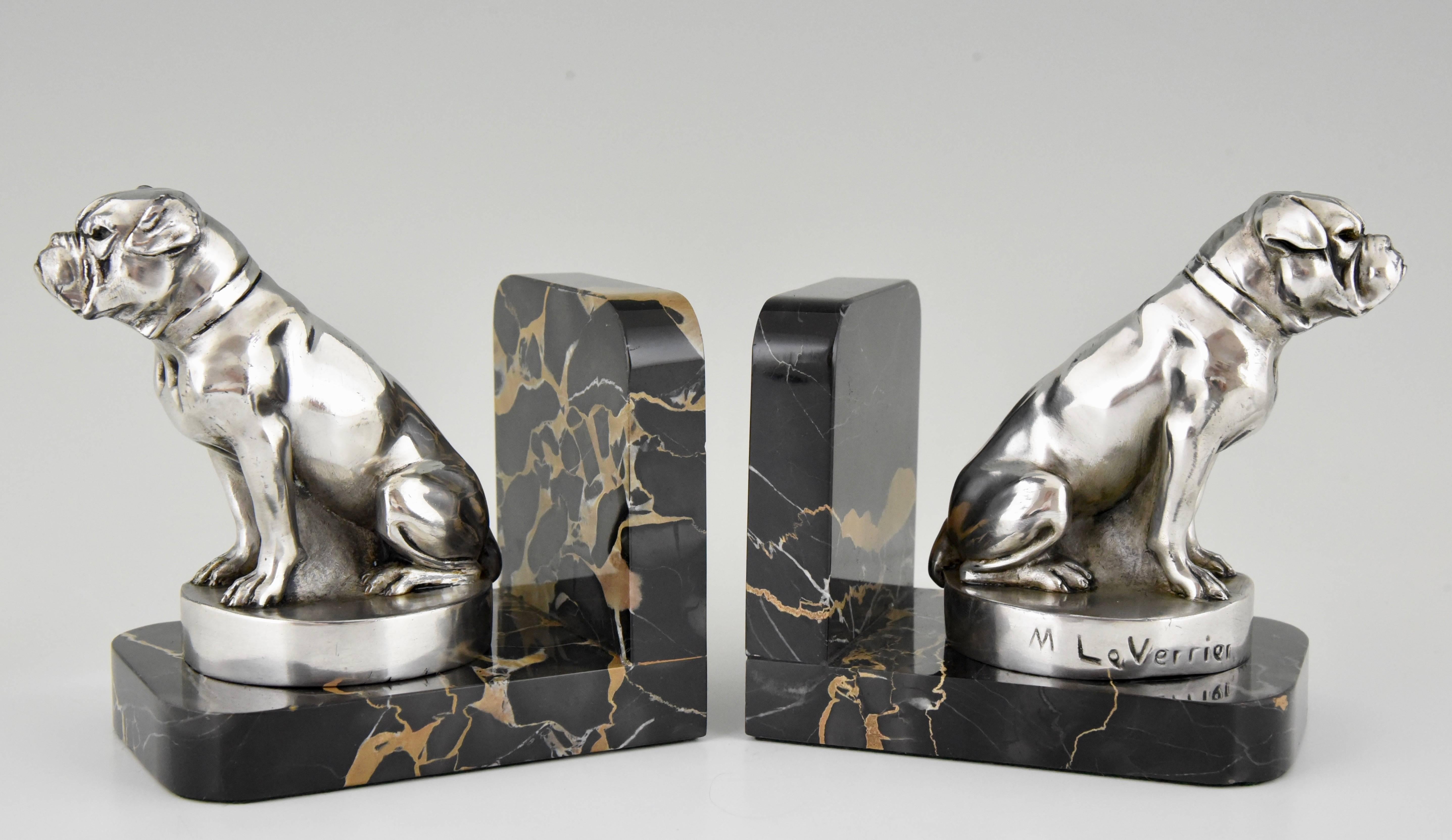 A lovely pair of French Art Deco bulldog bookends.
Artist/ Maker: Max Le Verrier
Signature/ Marks: M. Le Verrier
Style: Art Deco
Date: 1930
Material: Art metal with silver patina. ?Porter marble bases.
Origin: France
Size: H 13.5 cm. x L 14