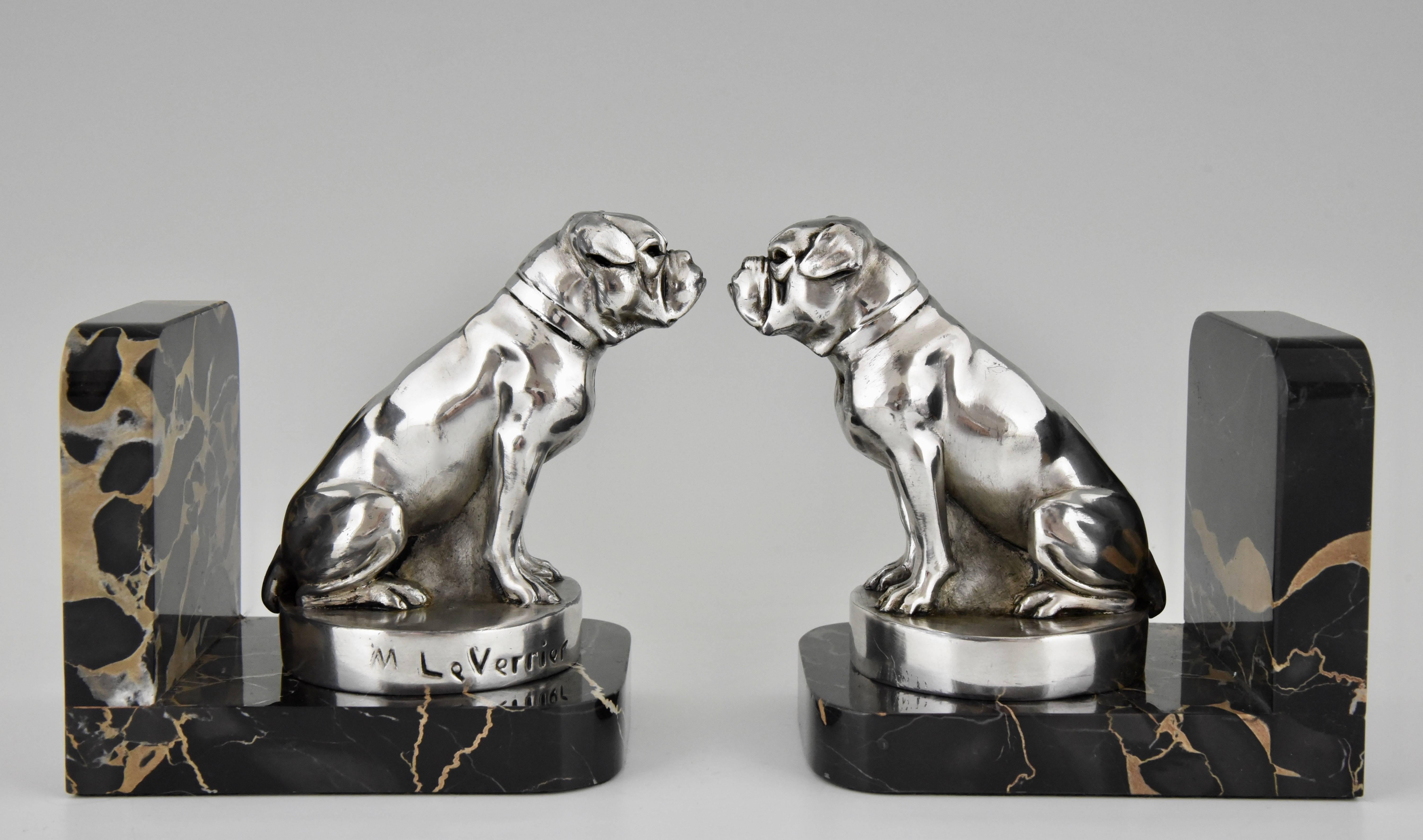 Silvered French Art Deco Bulldog Bookends by Max Le Verrier on Marble Base, 1930