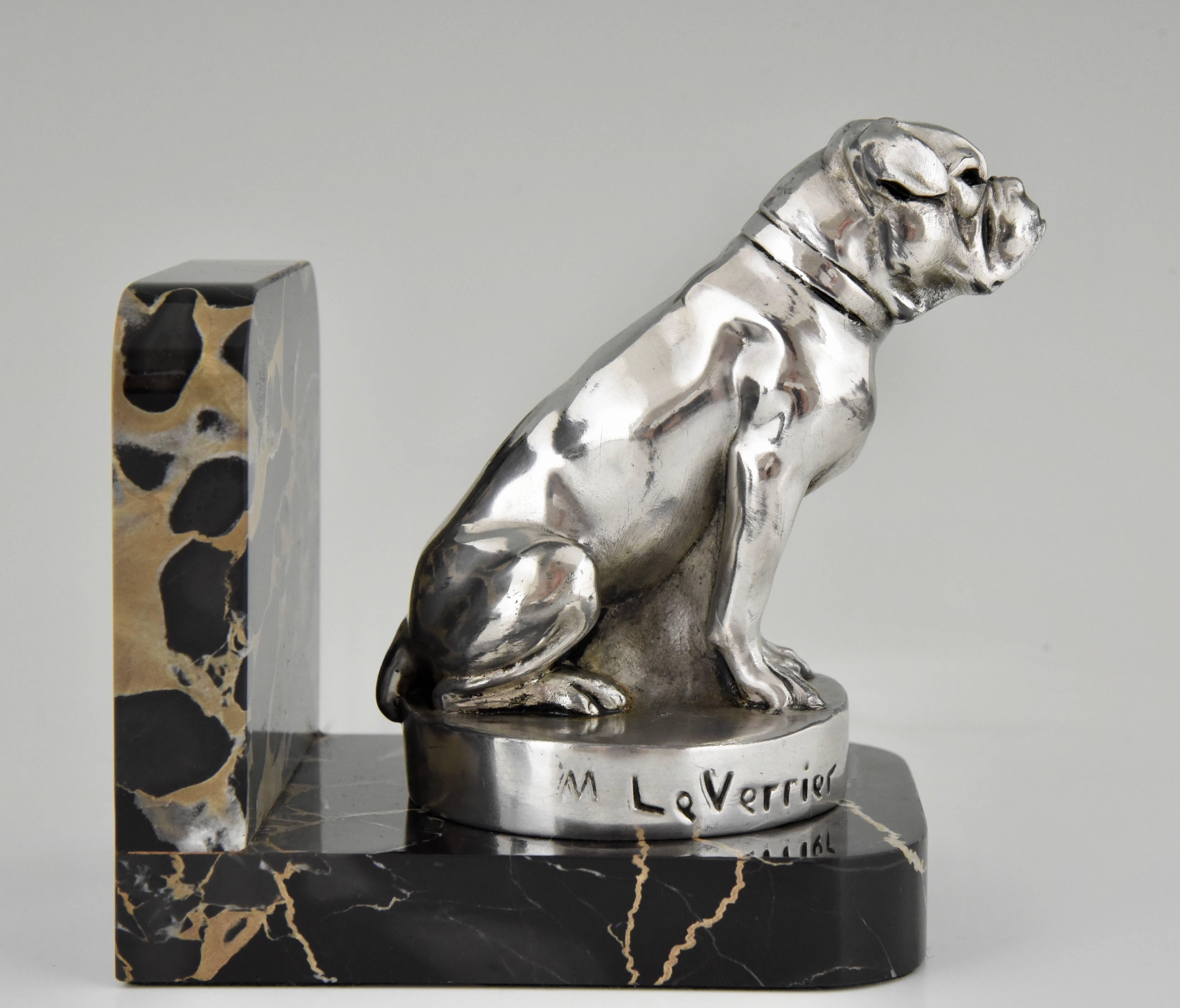 Metal French Art Deco Bulldog Bookends by Max Le Verrier on Marble Base, 1930