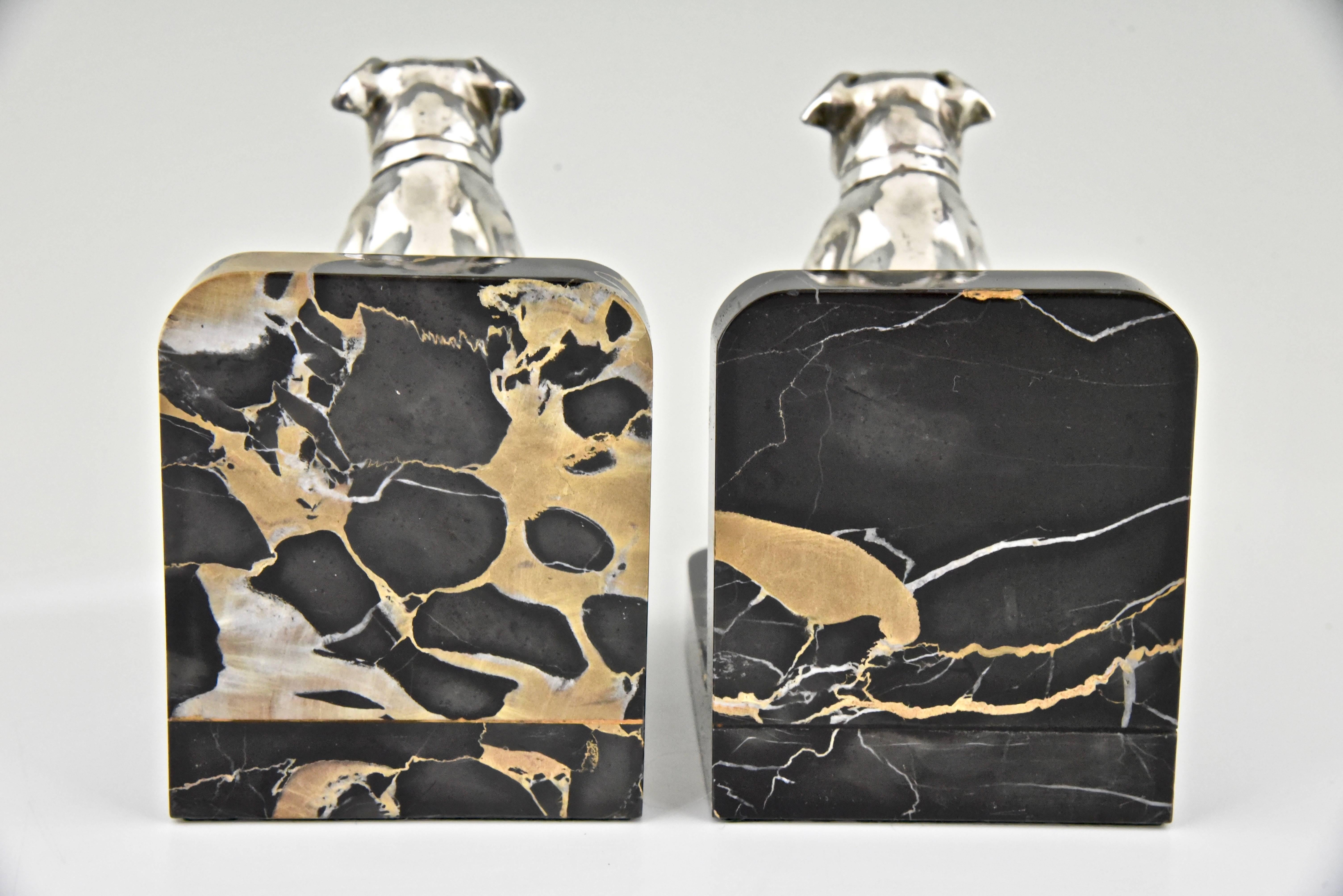 French Art Deco Bulldog Bookends by Max Le Verrier on Marble Base, 1930 1