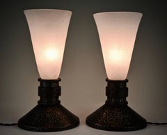 Pair of Art Deco Wrought Iron and Glass Table Lamps Daum Freres, Nancy France