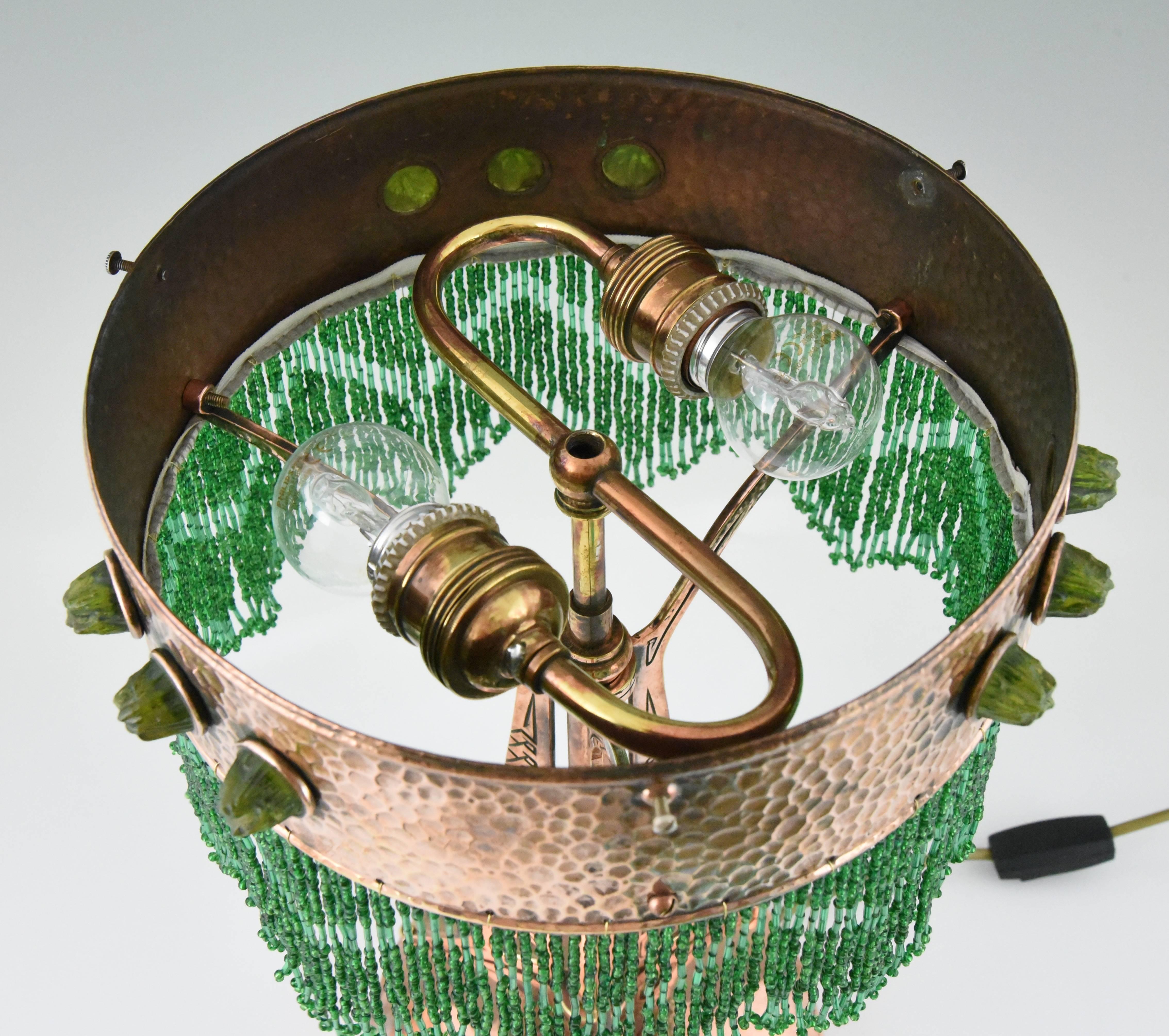 Austrian Art Nouveau Copper Table Lamp with Loetz Glass Shade by Johann Loetz, Witwe, 190