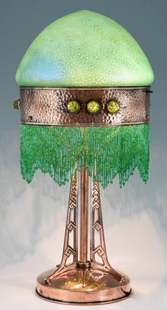 Art Nouveau Copper Table Lamp with Loetz Glass Shade by Johann Loetz, Witwe, 190