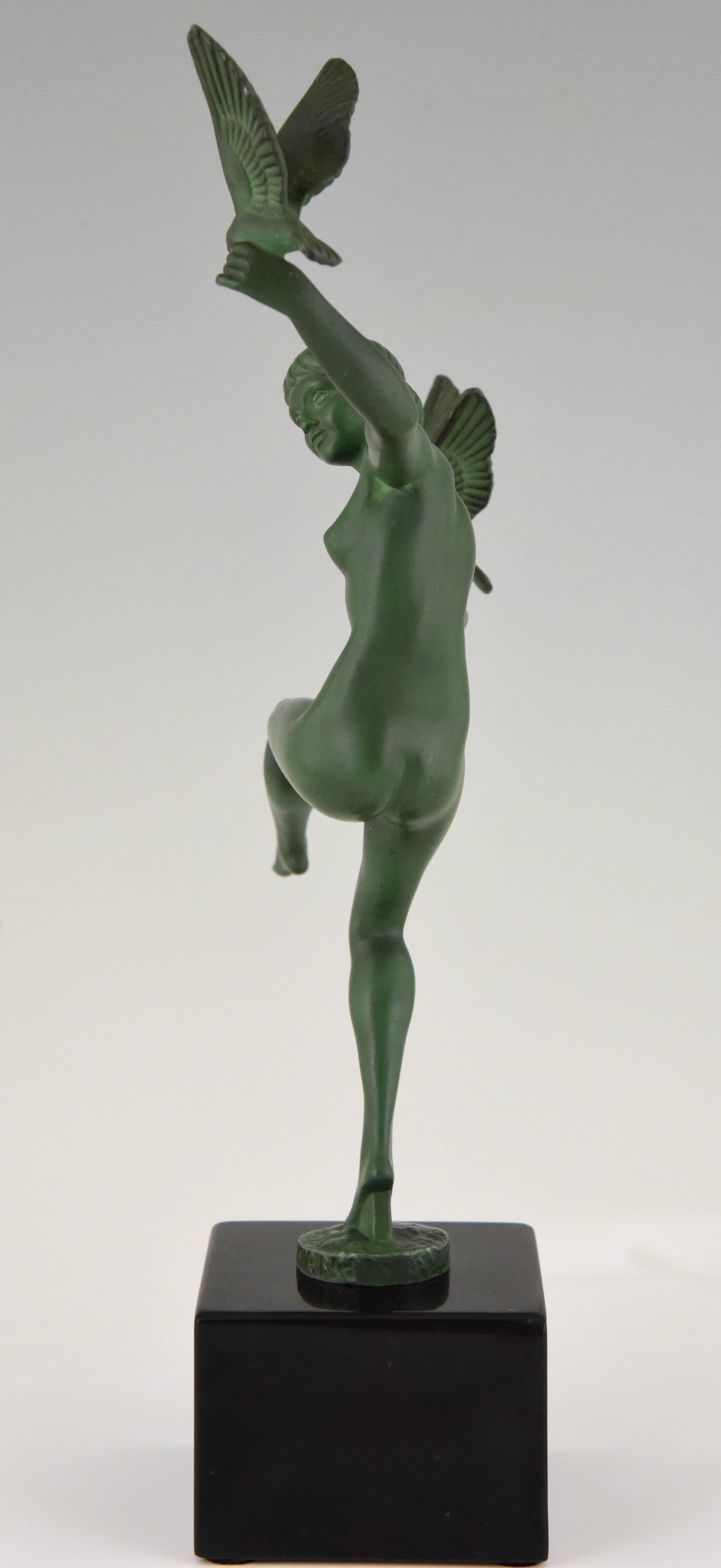 French Art Deco Sculpture Nude Dancer with Birds by Briand, Marcel Bouraine 1930 France