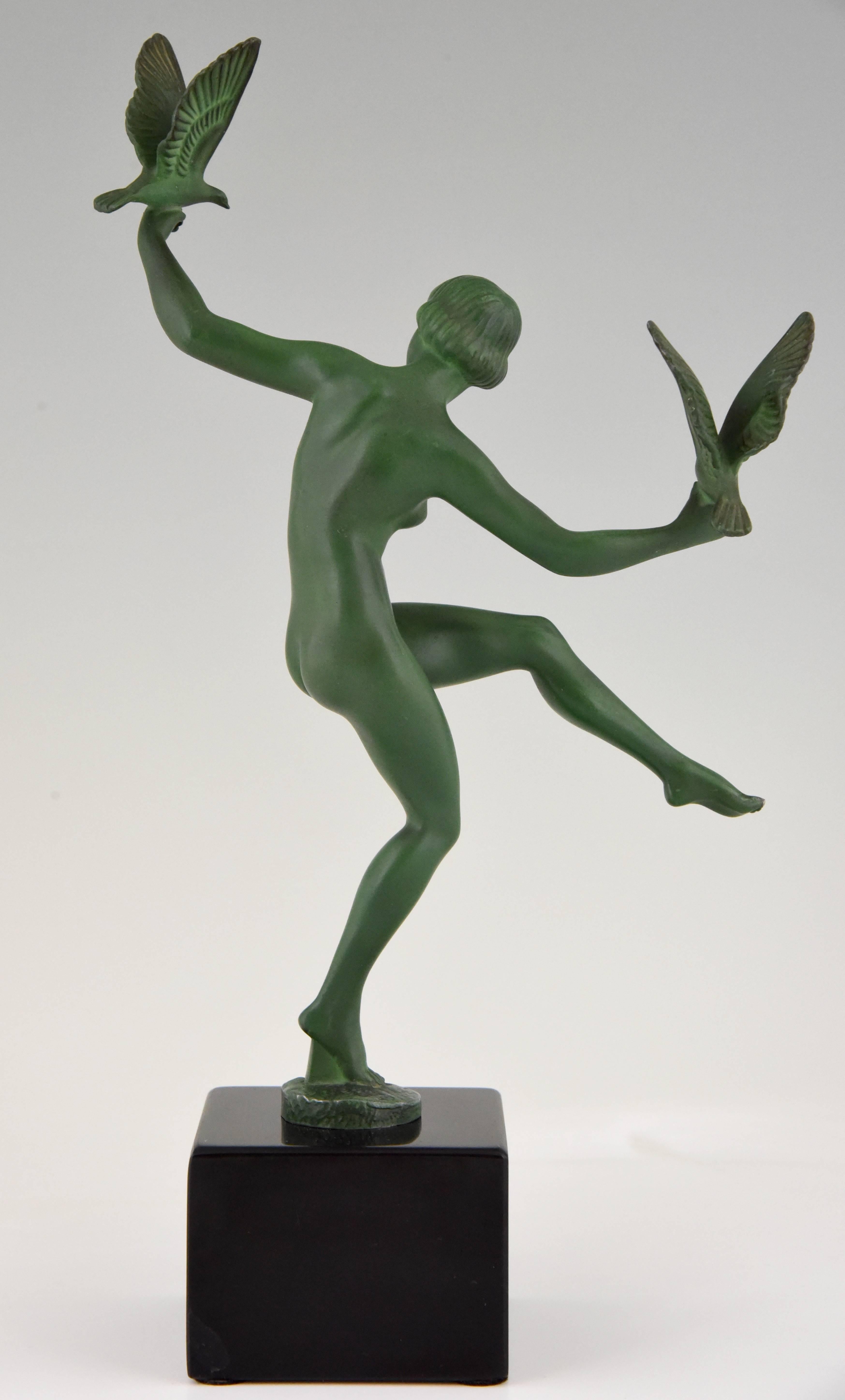 Patinated Art Deco Sculpture Nude Dancer with Birds by Briand, Marcel Bouraine 1930 France
