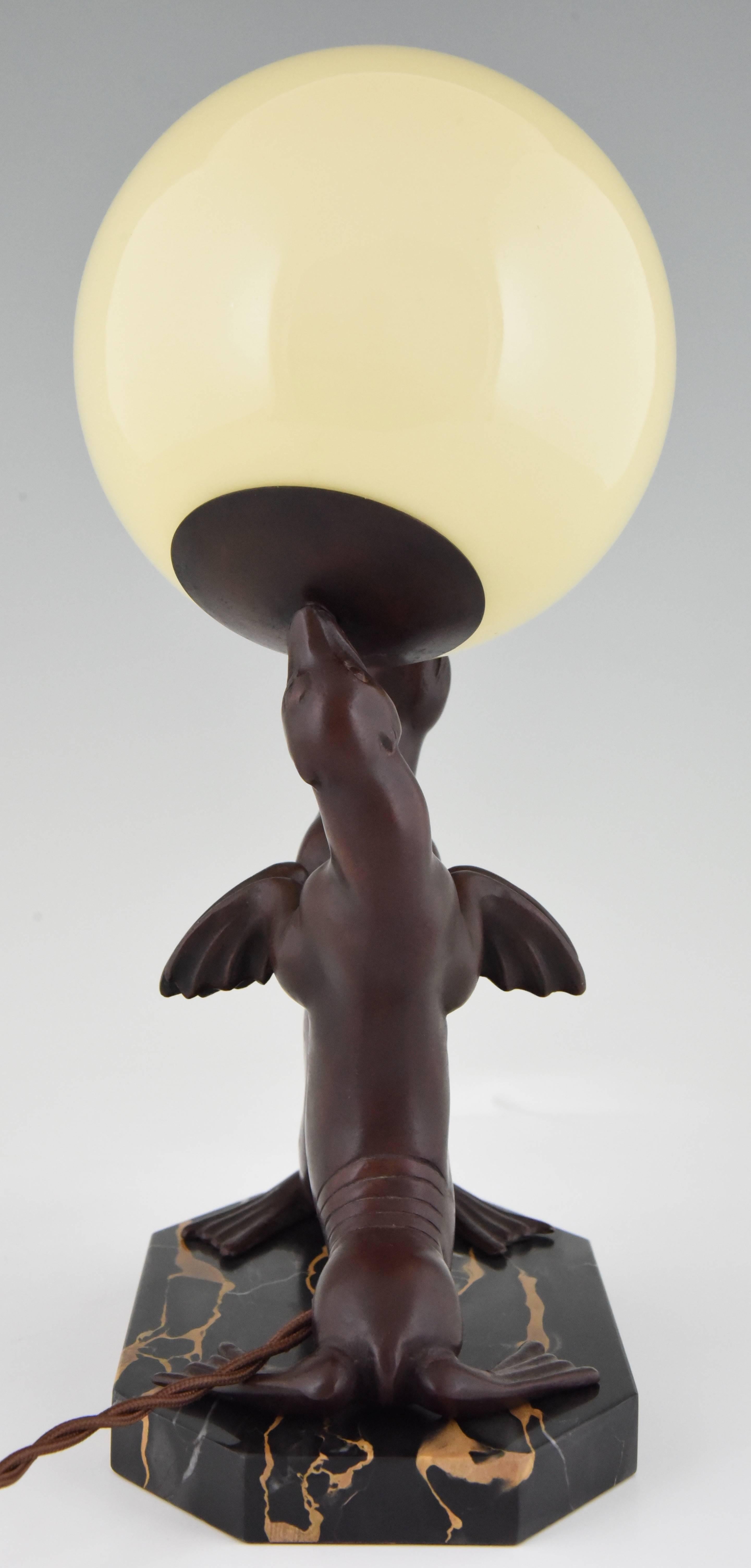 French Art Deco Lamp of Two Seal Playing with a Ball by Louis Albert Carvin France