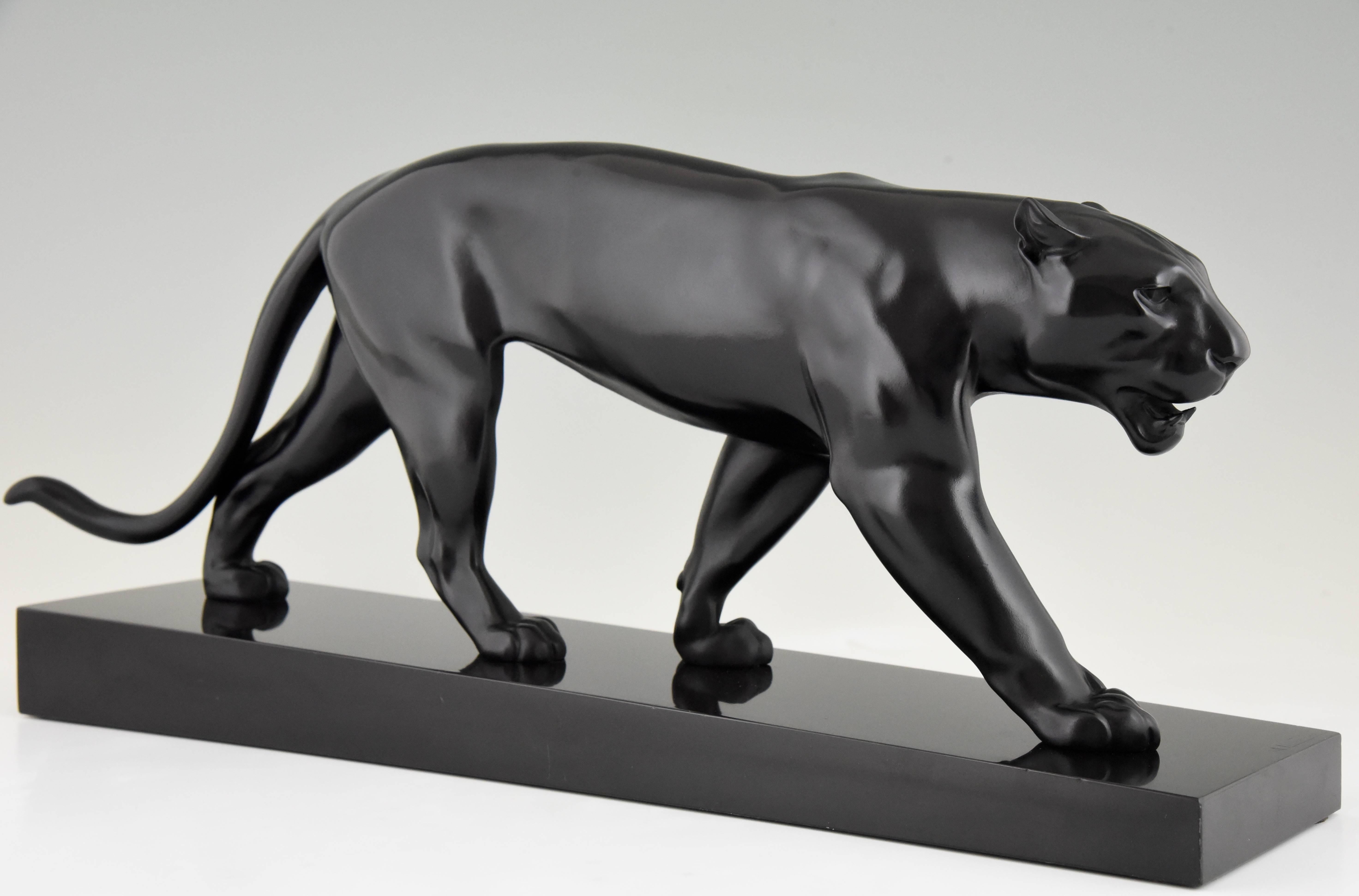 Patinated French Art Deco Sculpture of a Walking Black Panther by Max Le Verrier, 1930