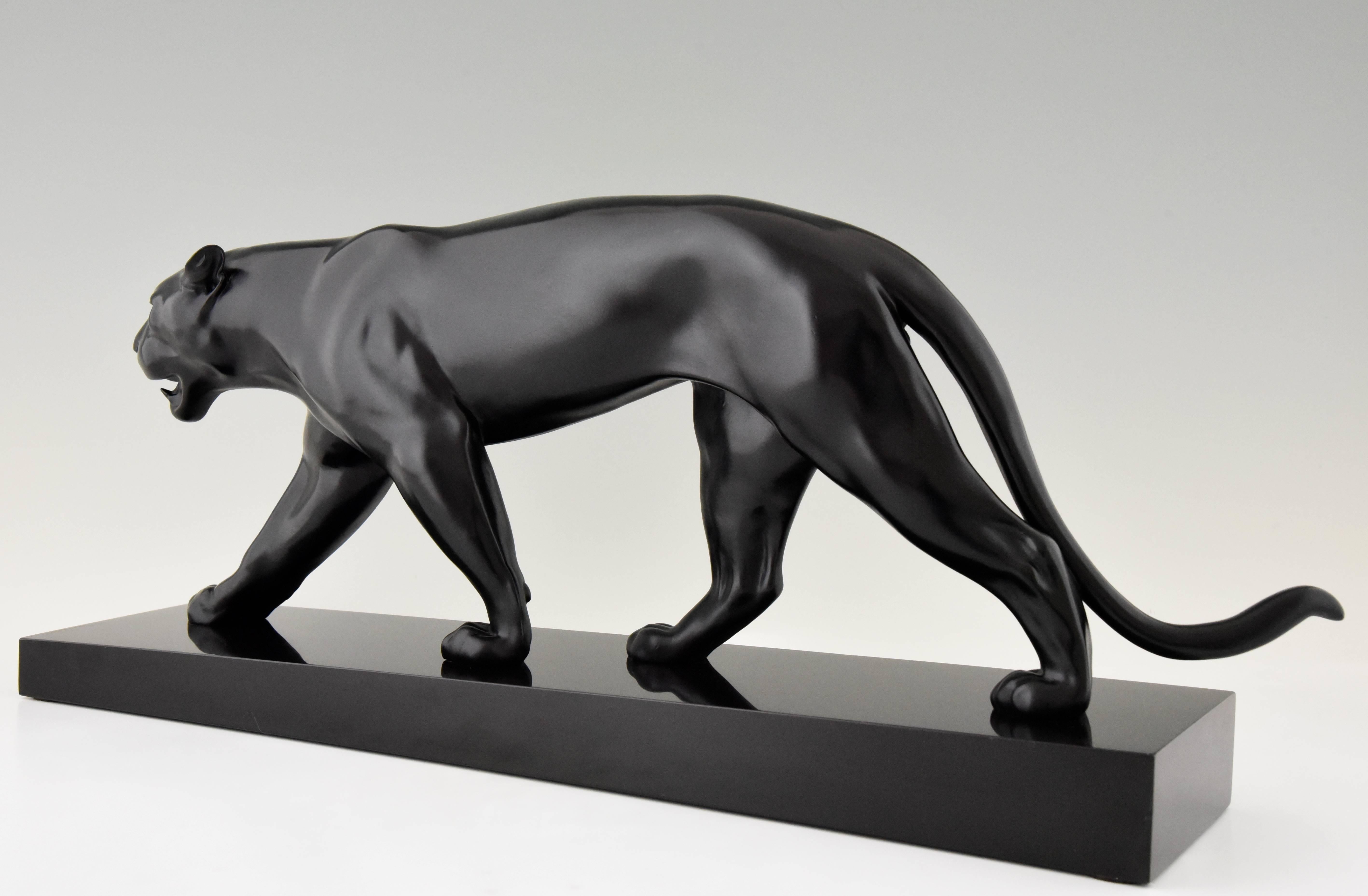 Metal French Art Deco Sculpture of a Walking Black Panther by Max Le Verrier, 1930