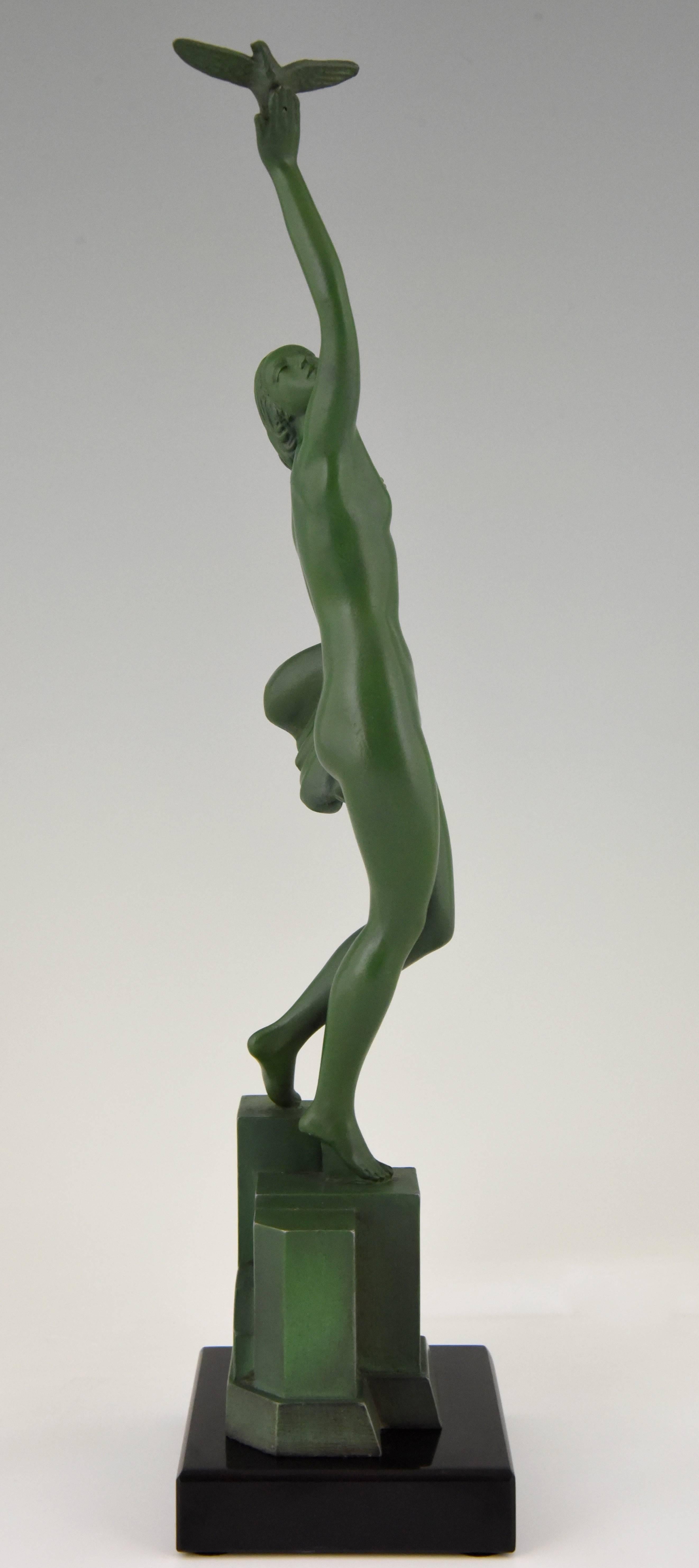 20th Century French Art Deco Sculpture of a Nude with Dove by Fayral, Pierre Le Faguays 1930
