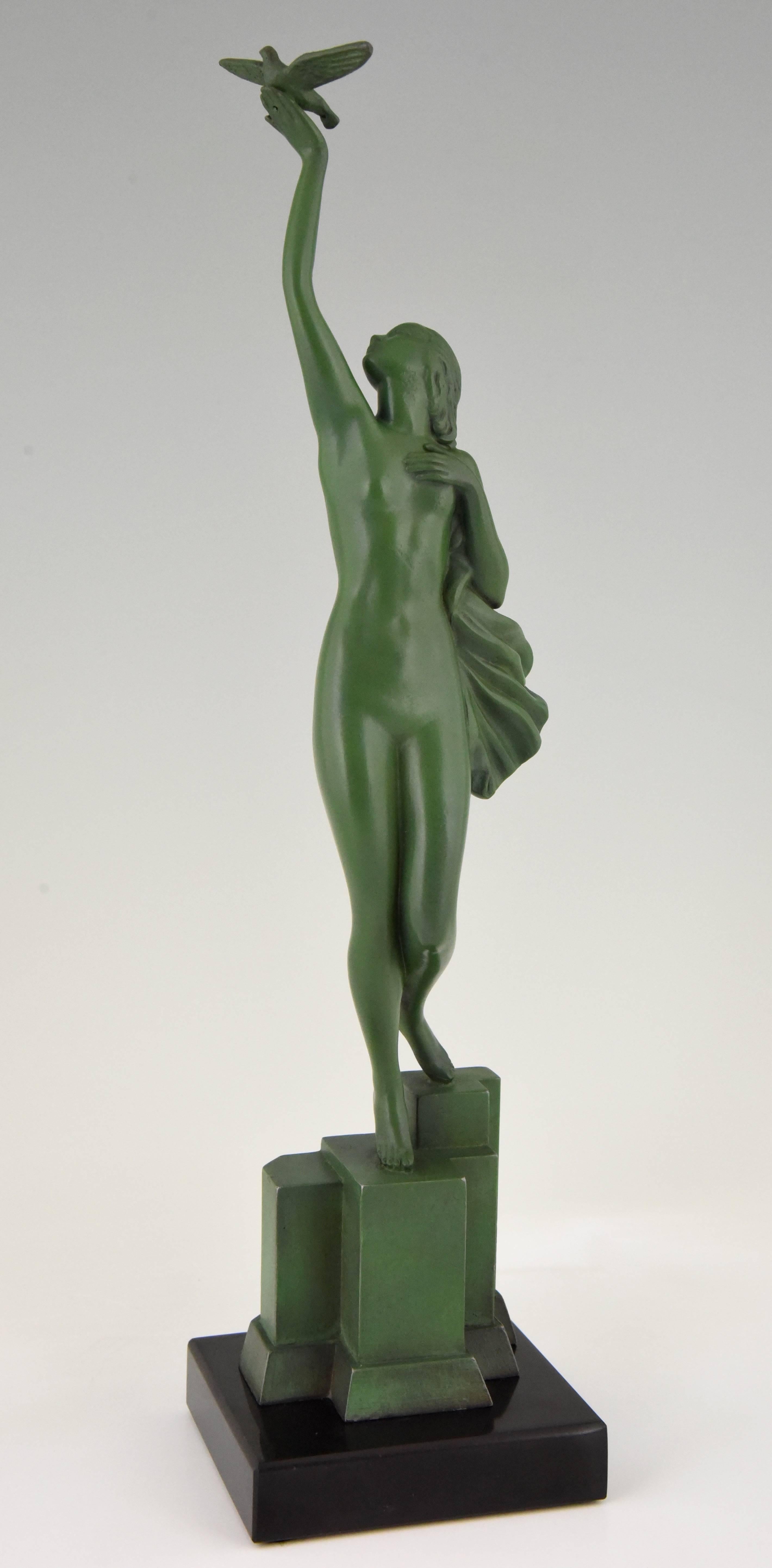 French Art Deco Sculpture of a Nude with Dove by Fayral, Pierre Le Faguays 1930 1