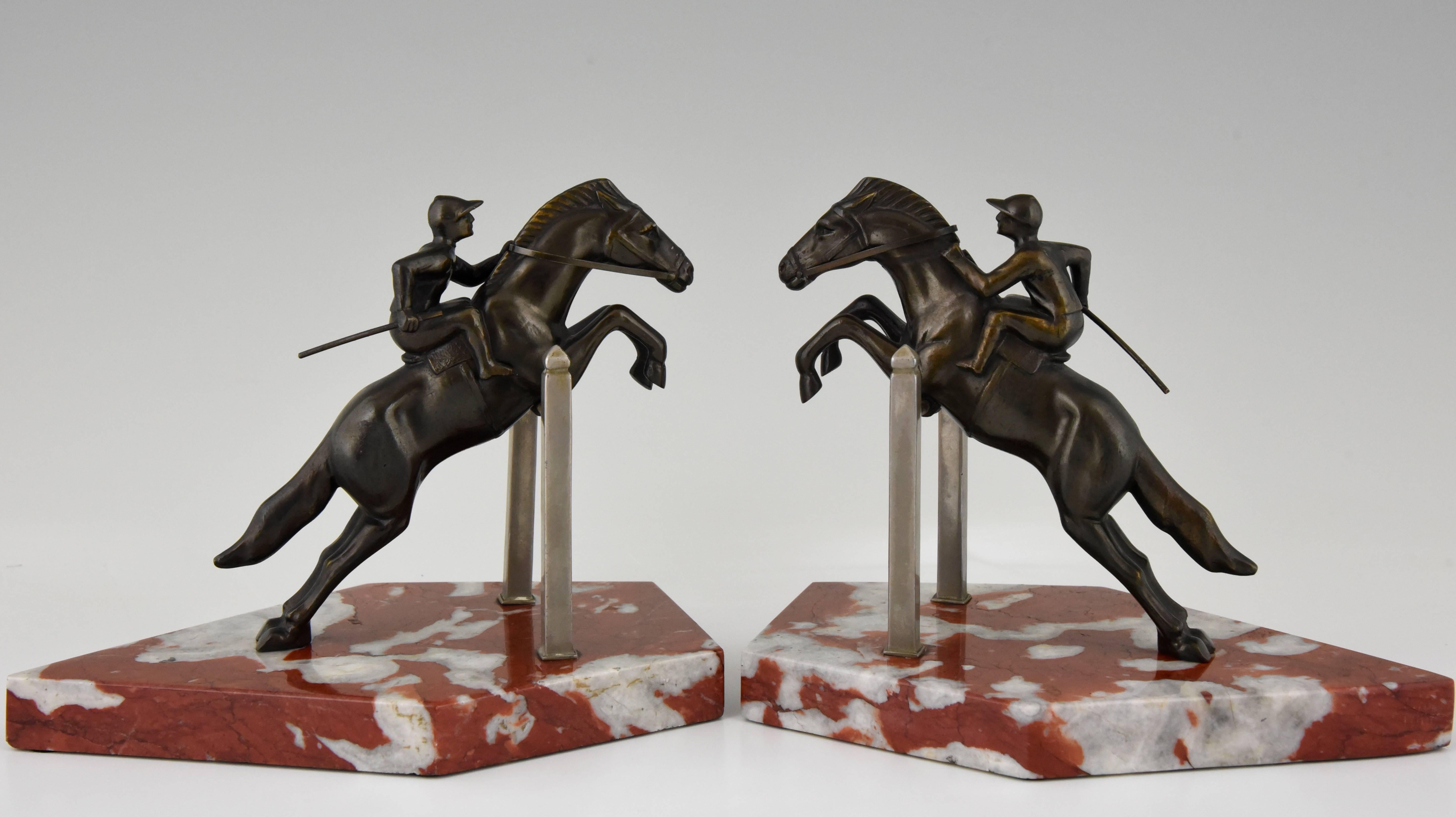 20th Century Art Deco Jockey Bookends on Jumping Horse, 1930 France