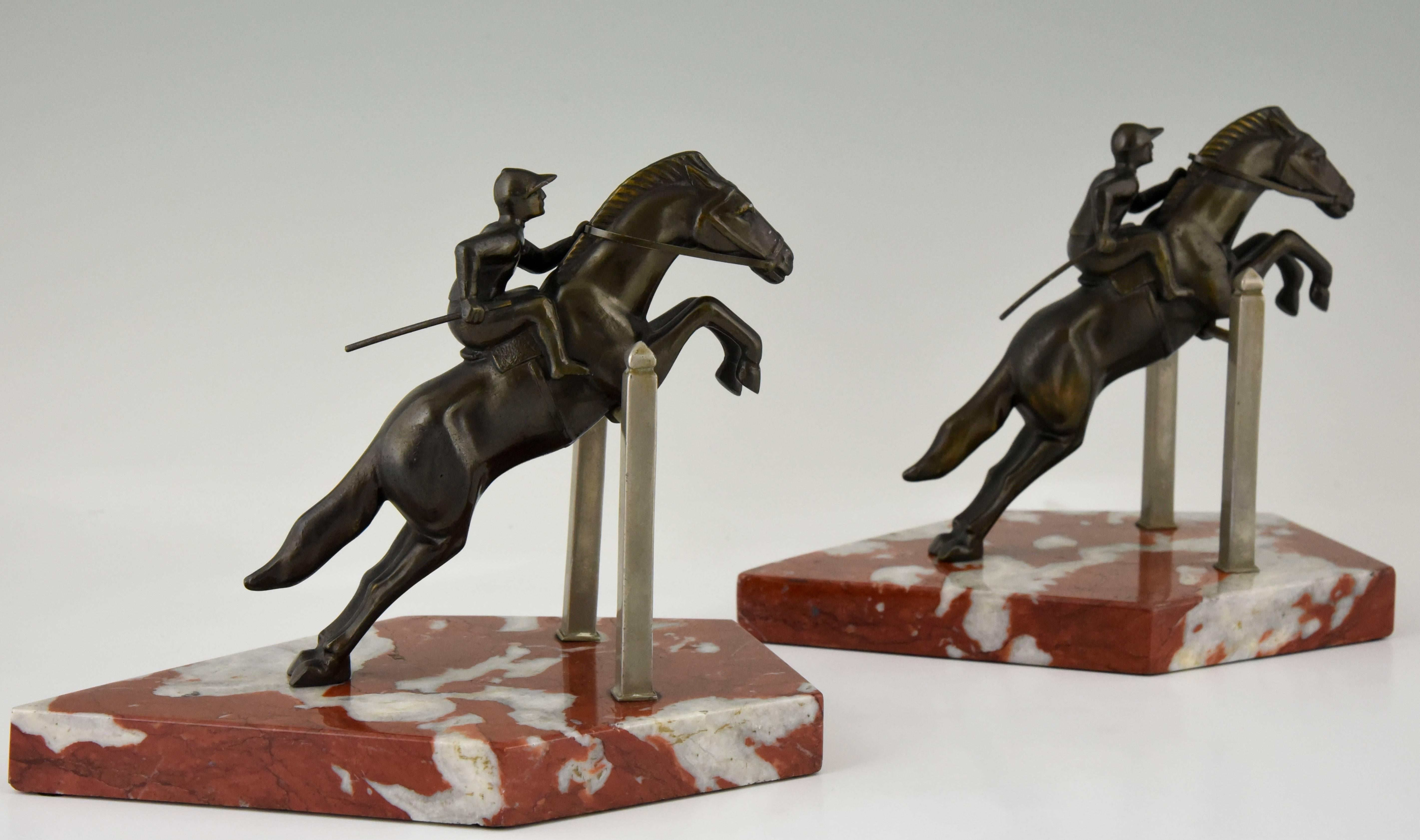 Art Deco Jockey Bookends on Jumping Horse, 1930 France 1
