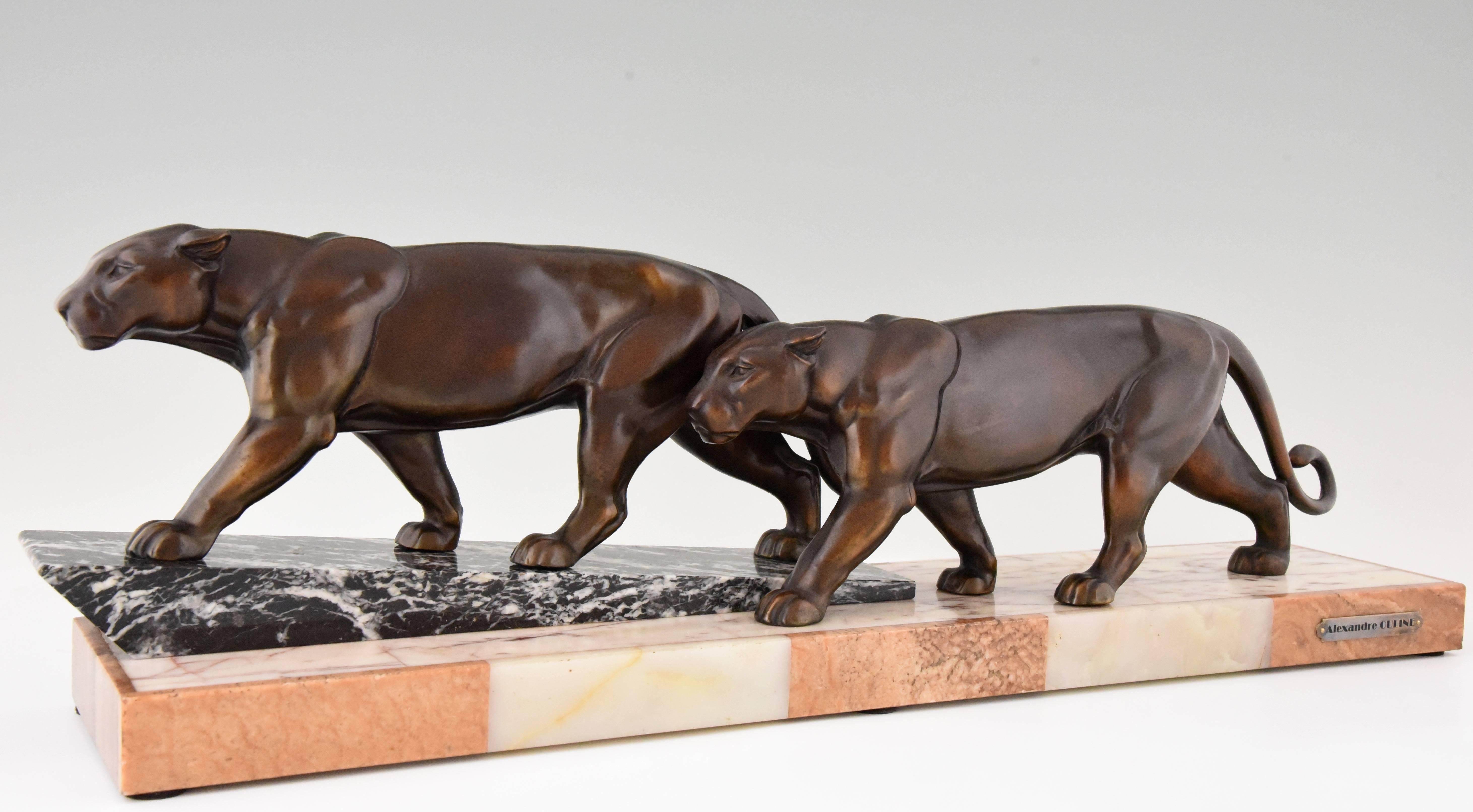 20th Century Art Deco Sculpture of Two Walking Panthers by Alexandre Ouline, 1930 France