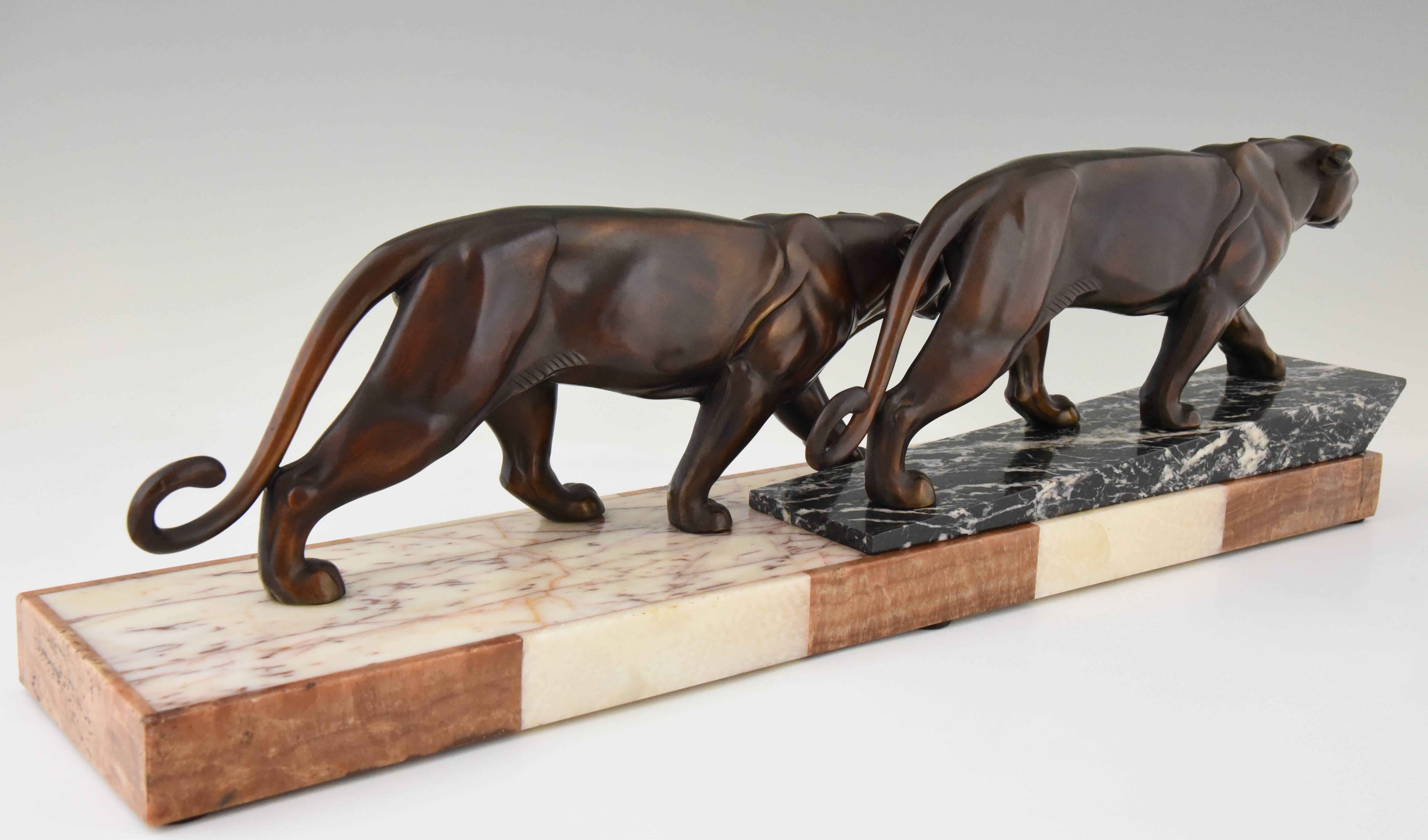 Art Deco Sculpture of Two Walking Panthers by Alexandre Ouline, 1930 France 1