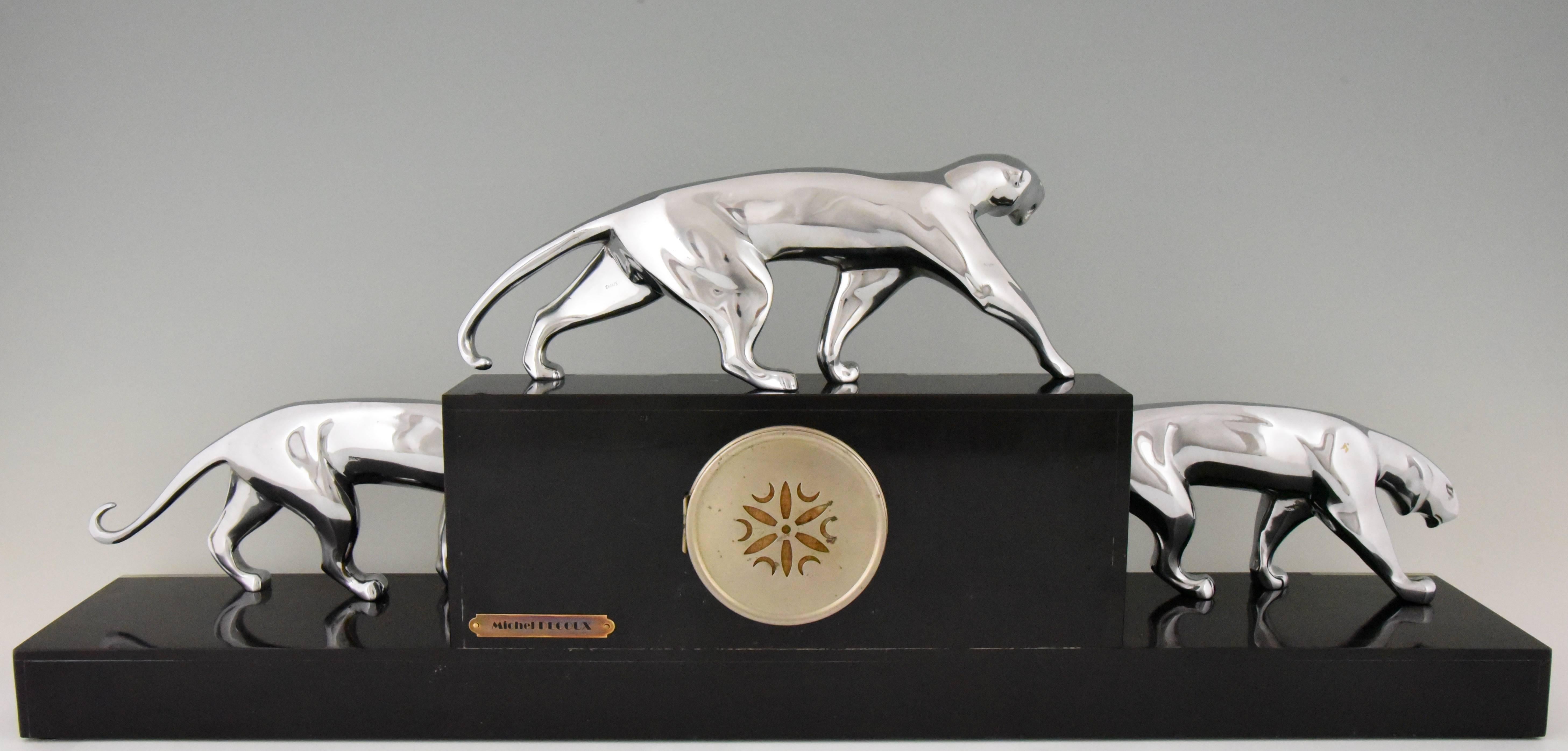 20th Century Art Deco Clock with Three Bronze Panthers Onyx and Marble, Michel Decoux France 