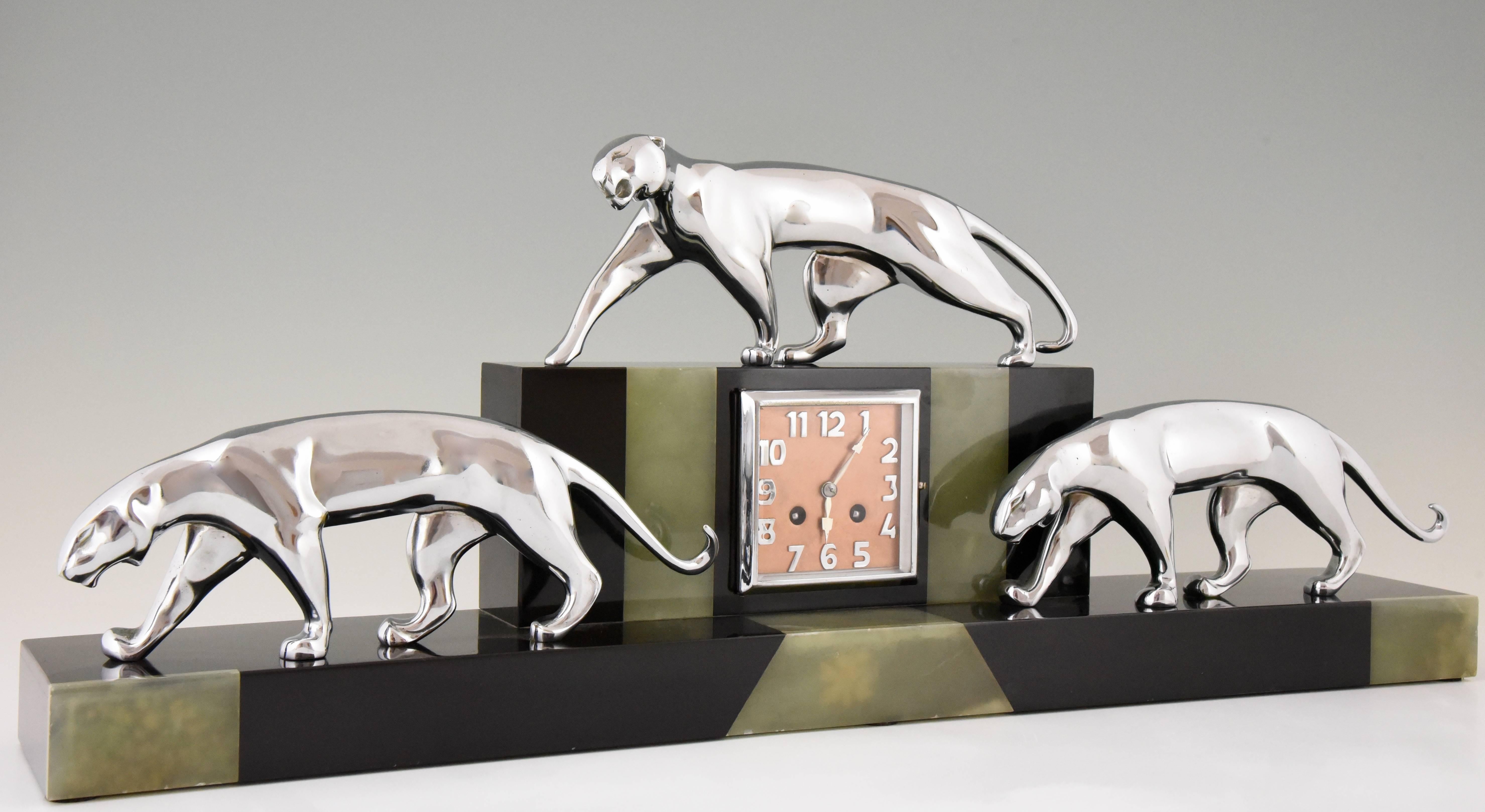 French Art Deco Clock with Three Bronze Panthers Onyx and Marble, Michel Decoux France 