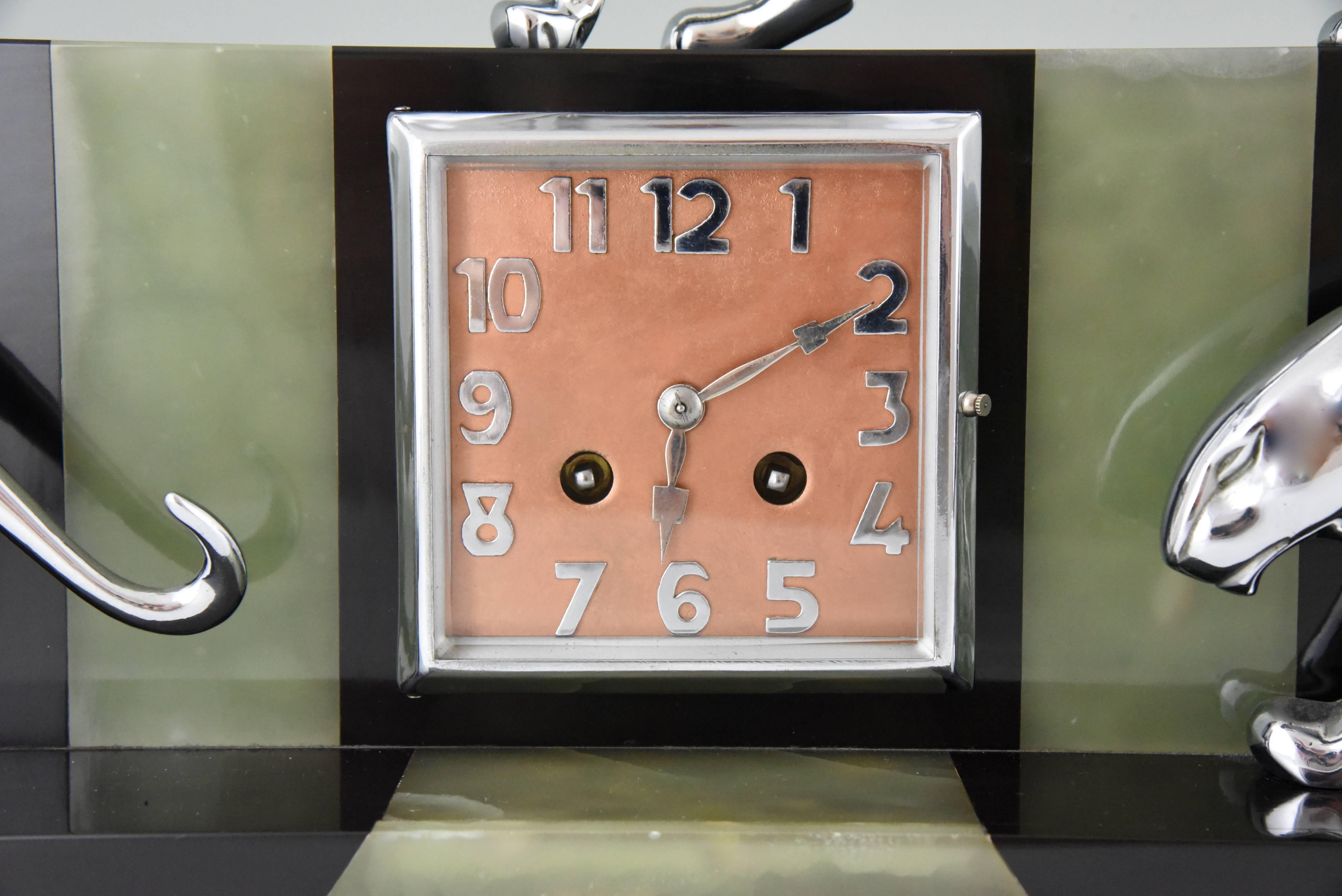 Art Deco Clock with Three Bronze Panthers Onyx and Marble, Michel Decoux France  4