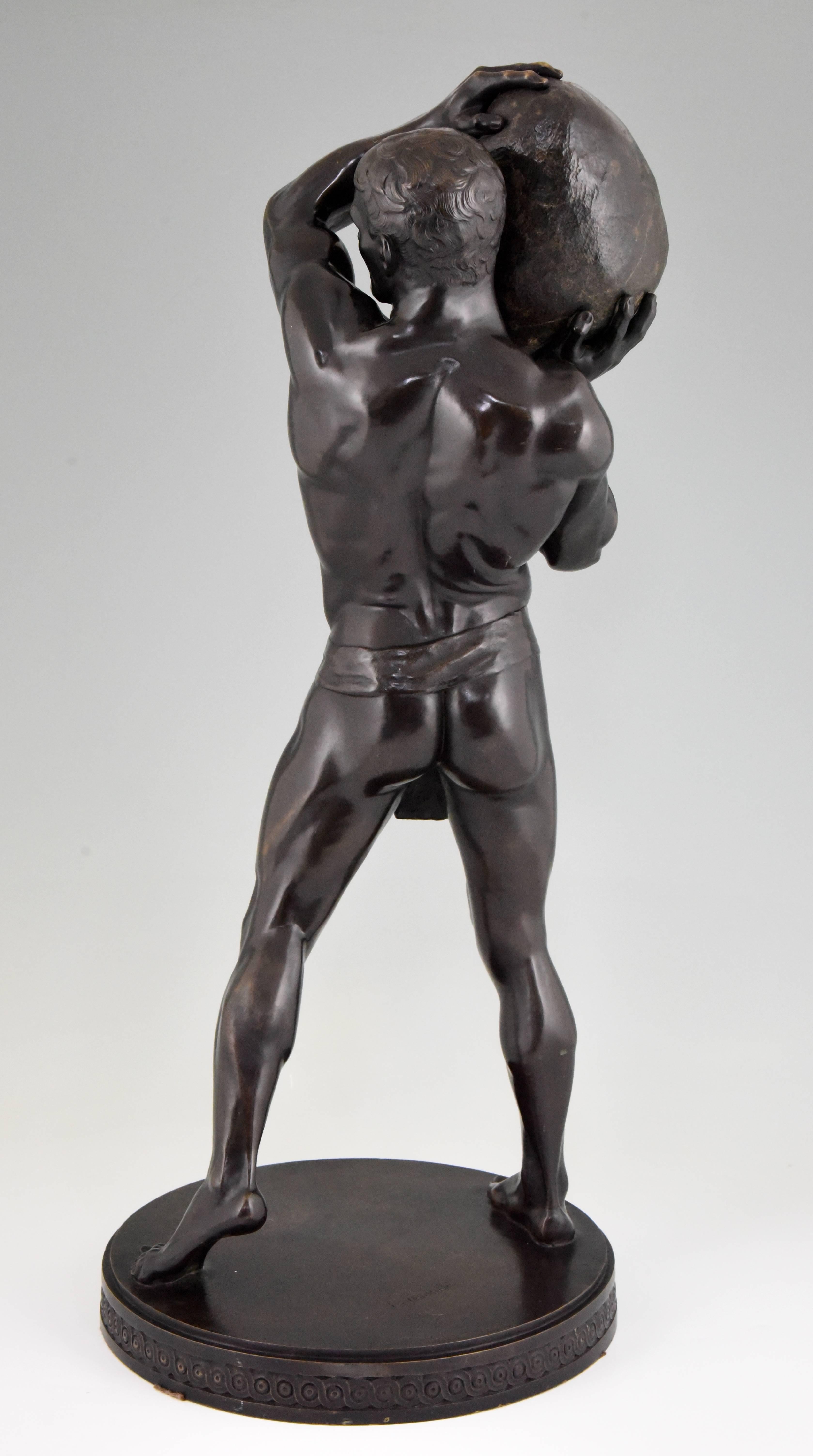 German Antique Bronze Sculpture Male Nude Athlete by Paul Leibküchler, 1910 H. 26 inch
