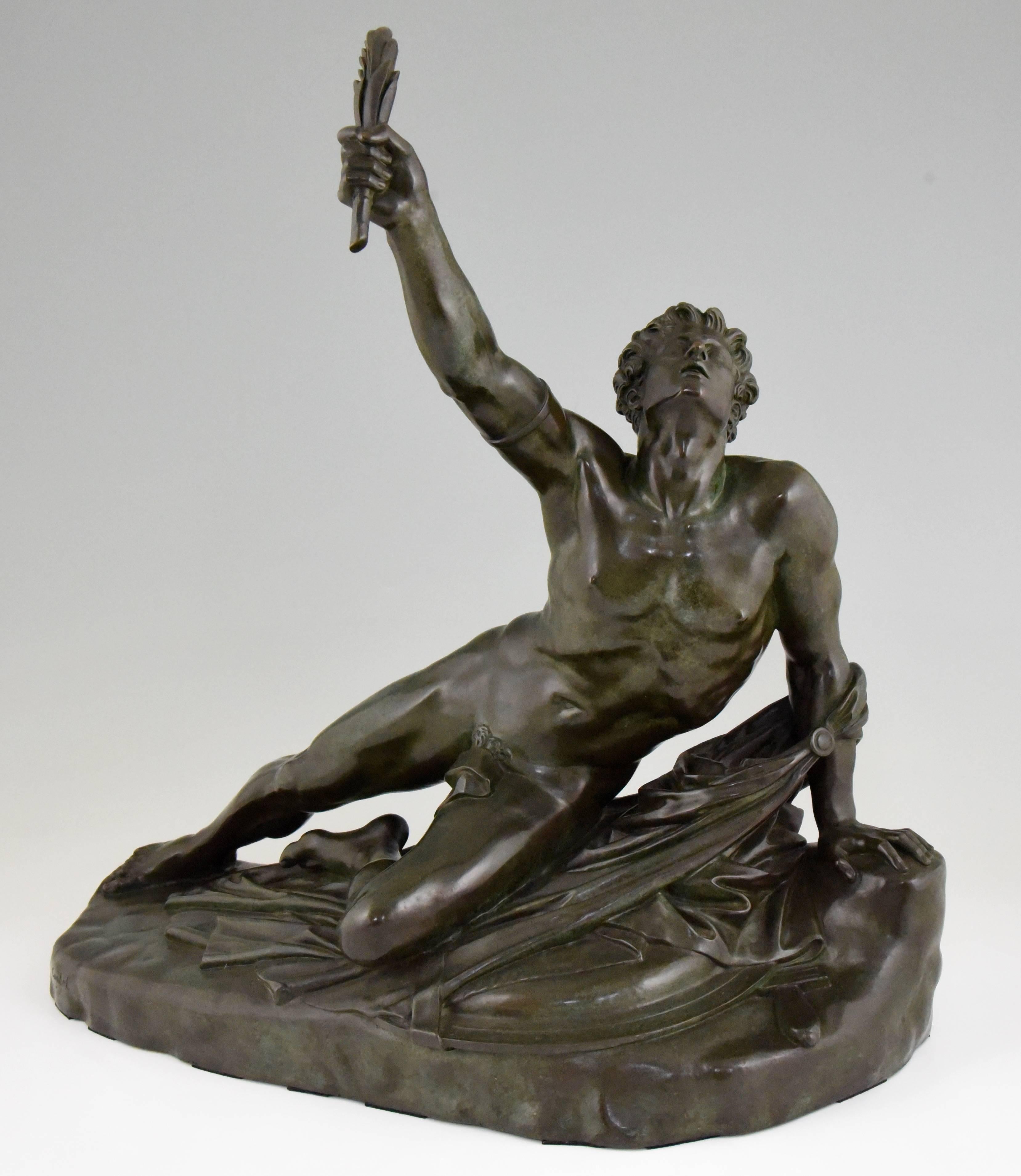 Soldier of Marathon, antique bronze sculpture man with laurel branch
Jean Pierre Cortot, France, 1787-1843. 
This model has been executed in marble for the Salon in 1834 which is now in the Louvre Museum in Paris.
The sculpture depicts the Greek