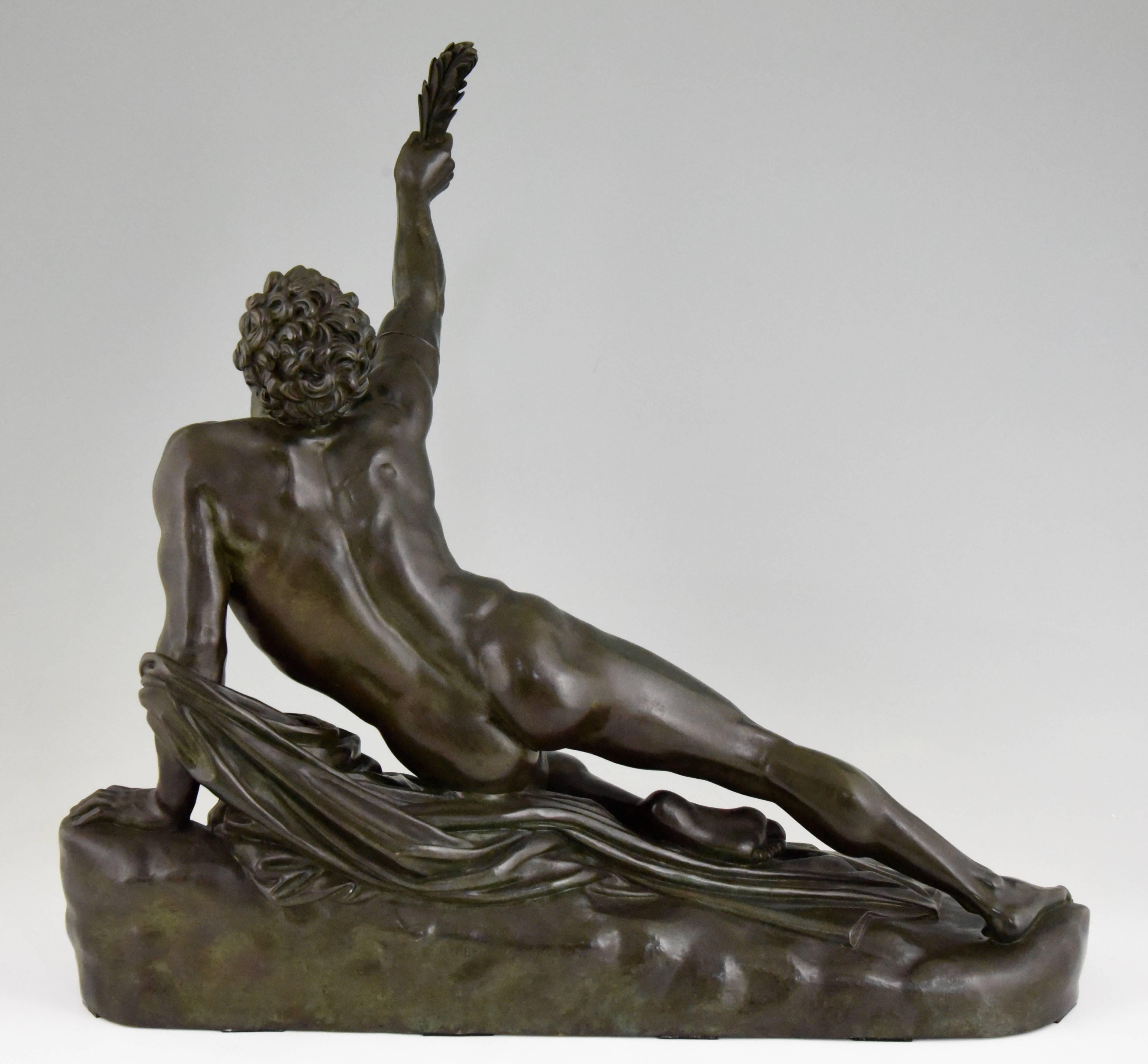 Classical Greek Marathon Man with Laurel Antique Bronze Sculpture by Jean Pierre Cortot France