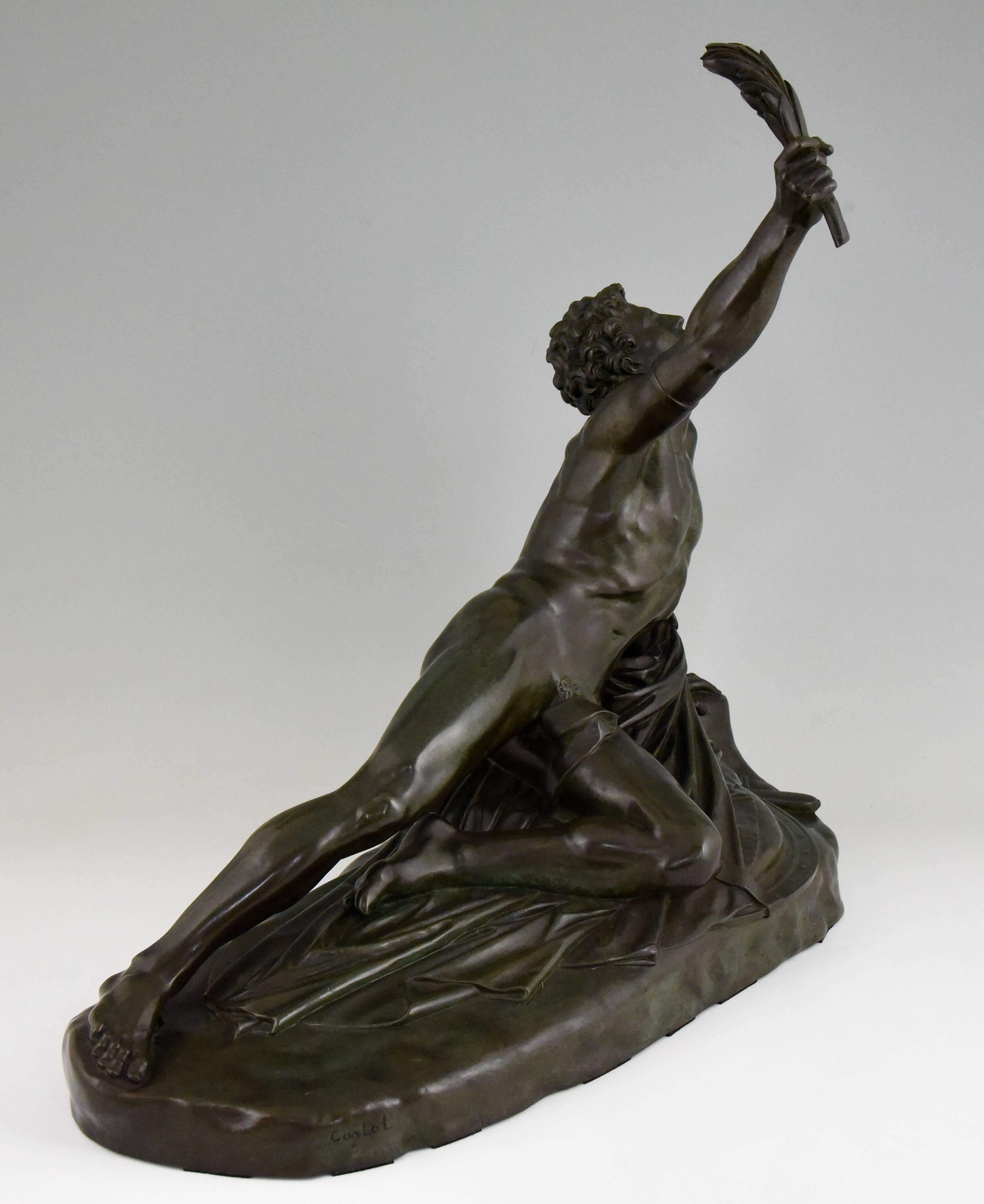 French Marathon Man with Laurel Antique Bronze Sculpture by Jean Pierre Cortot France