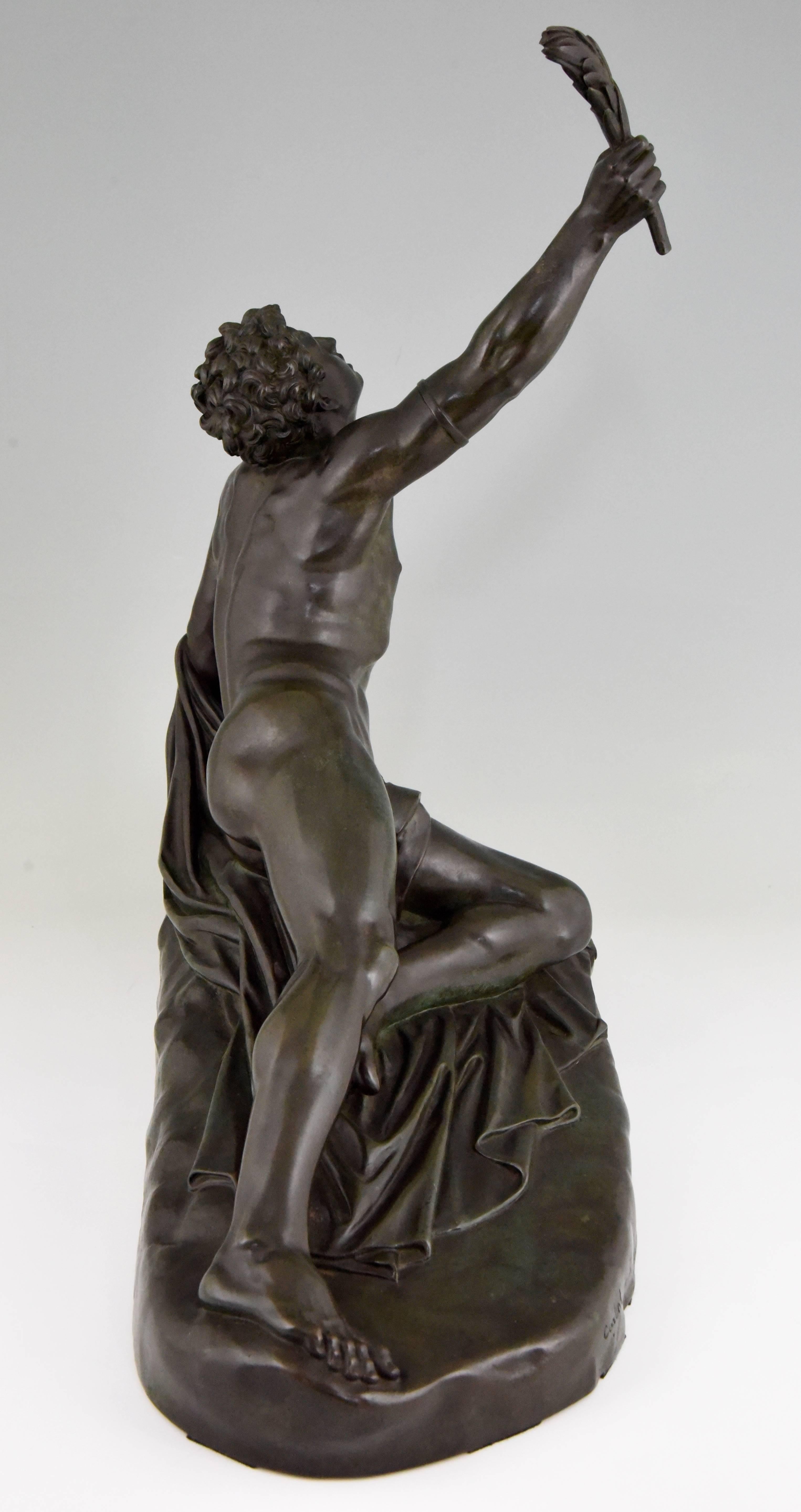 Patinated Marathon Man with Laurel Antique Bronze Sculpture by Jean Pierre Cortot France