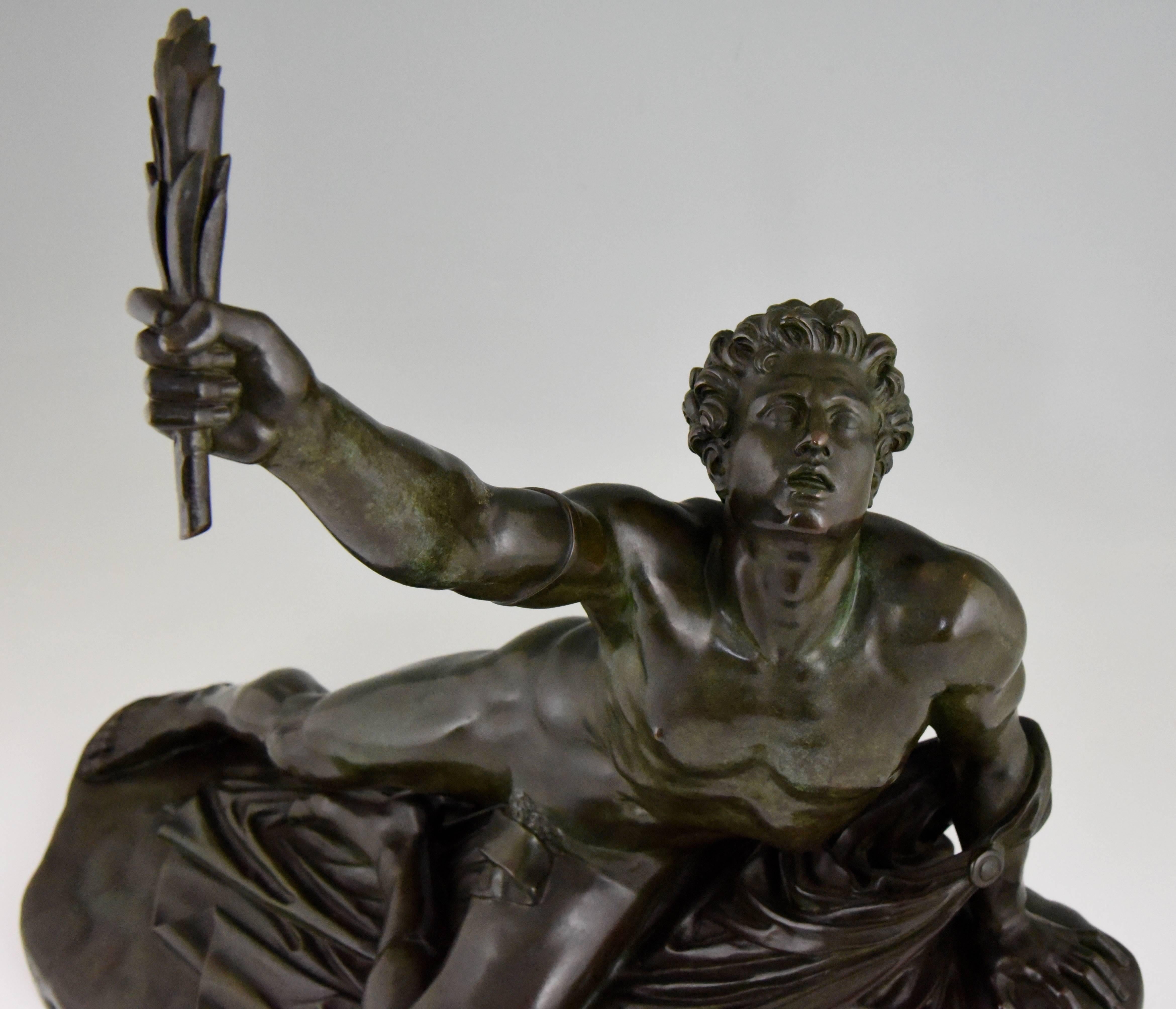 Marathon Man with Laurel Antique Bronze Sculpture by Jean Pierre Cortot France 1