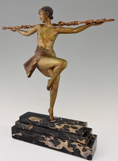 French Art Deco Bronze Sculpture Nude Dancer with Thyrsus Pierre Le Faguays