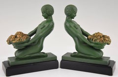 French Art Deco Bookends Kneeling Nudes with Baskets Max Le Verrier, 1930
