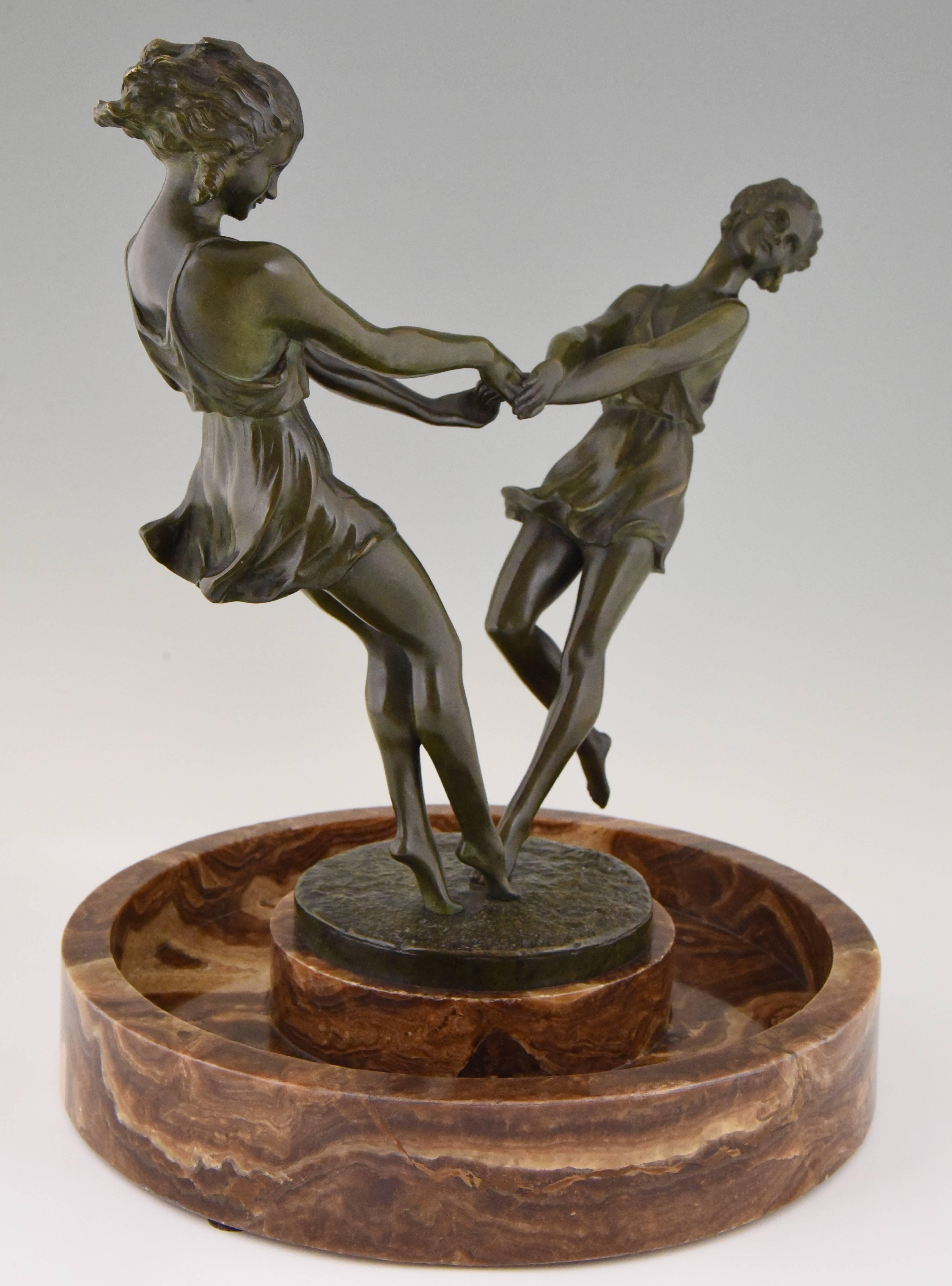 French Art Deco Centrepiece Bronze Sculpture Dancing Girls Andre Gilbert, 1925 France