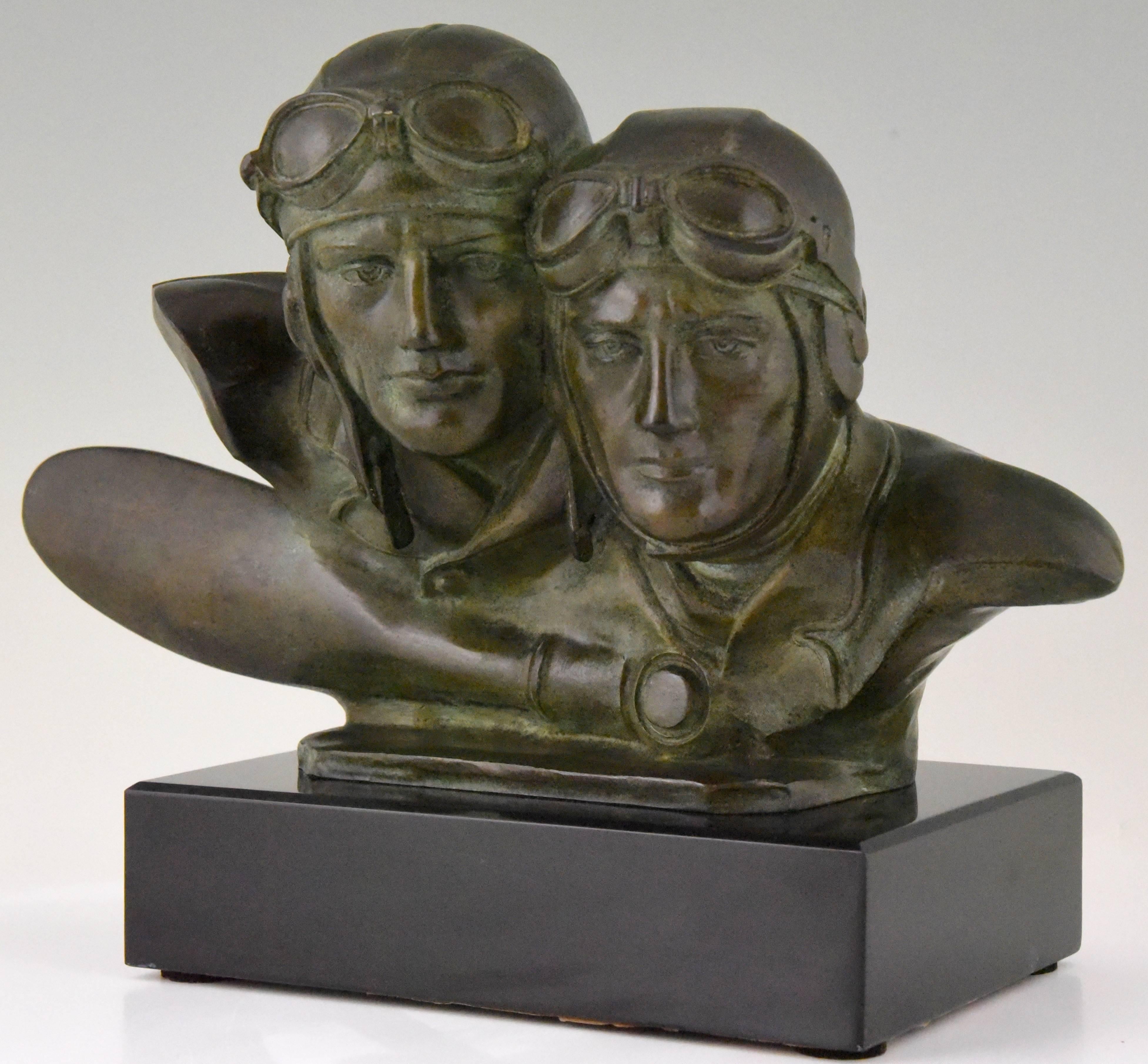 French Art Deco Bronze Sculpture Bust of Two Pilots Aviators Costes and Bellonte France