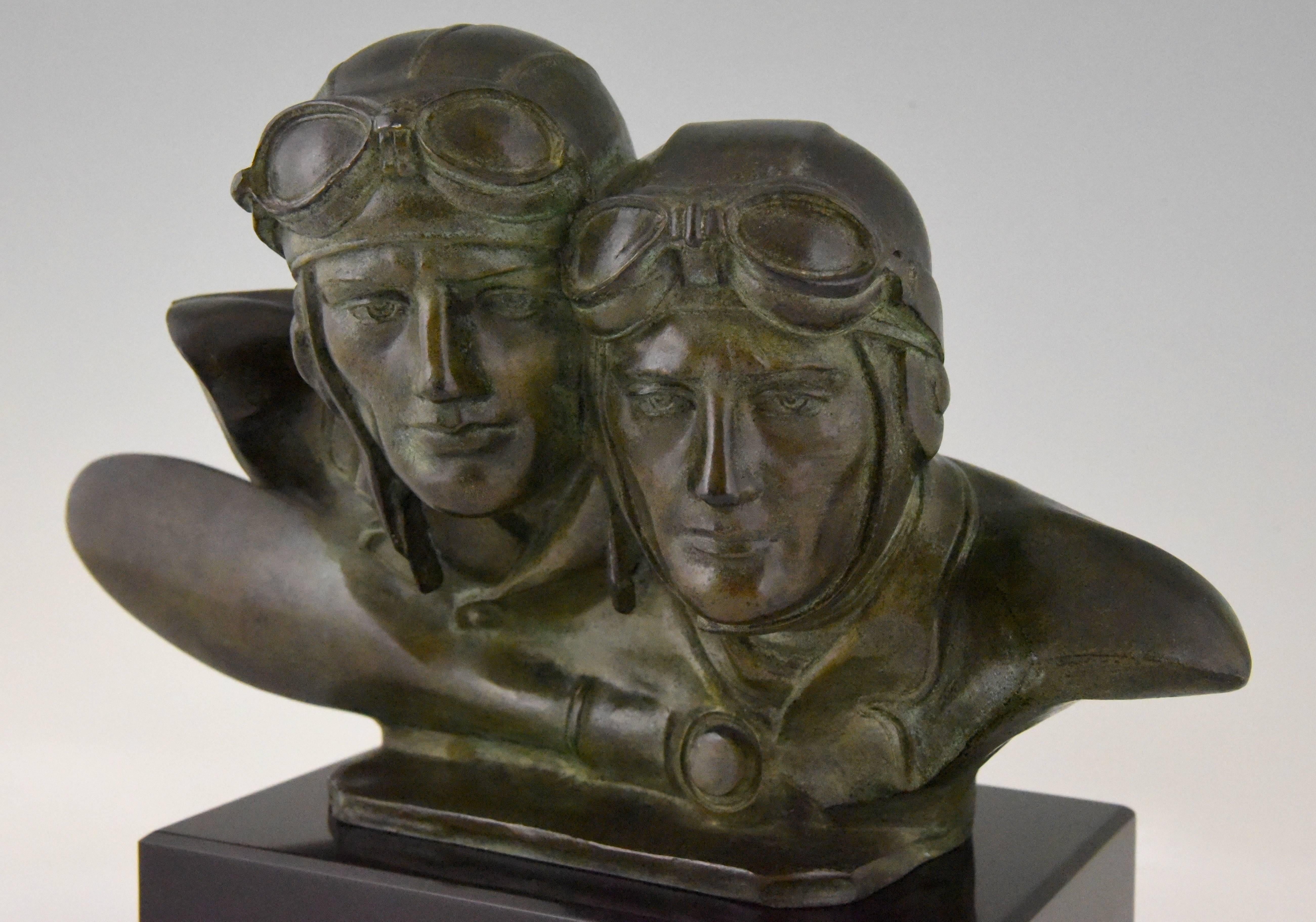 Art Deco Bronze Sculpture Bust of Two Pilots Aviators Costes and Bellonte France 3