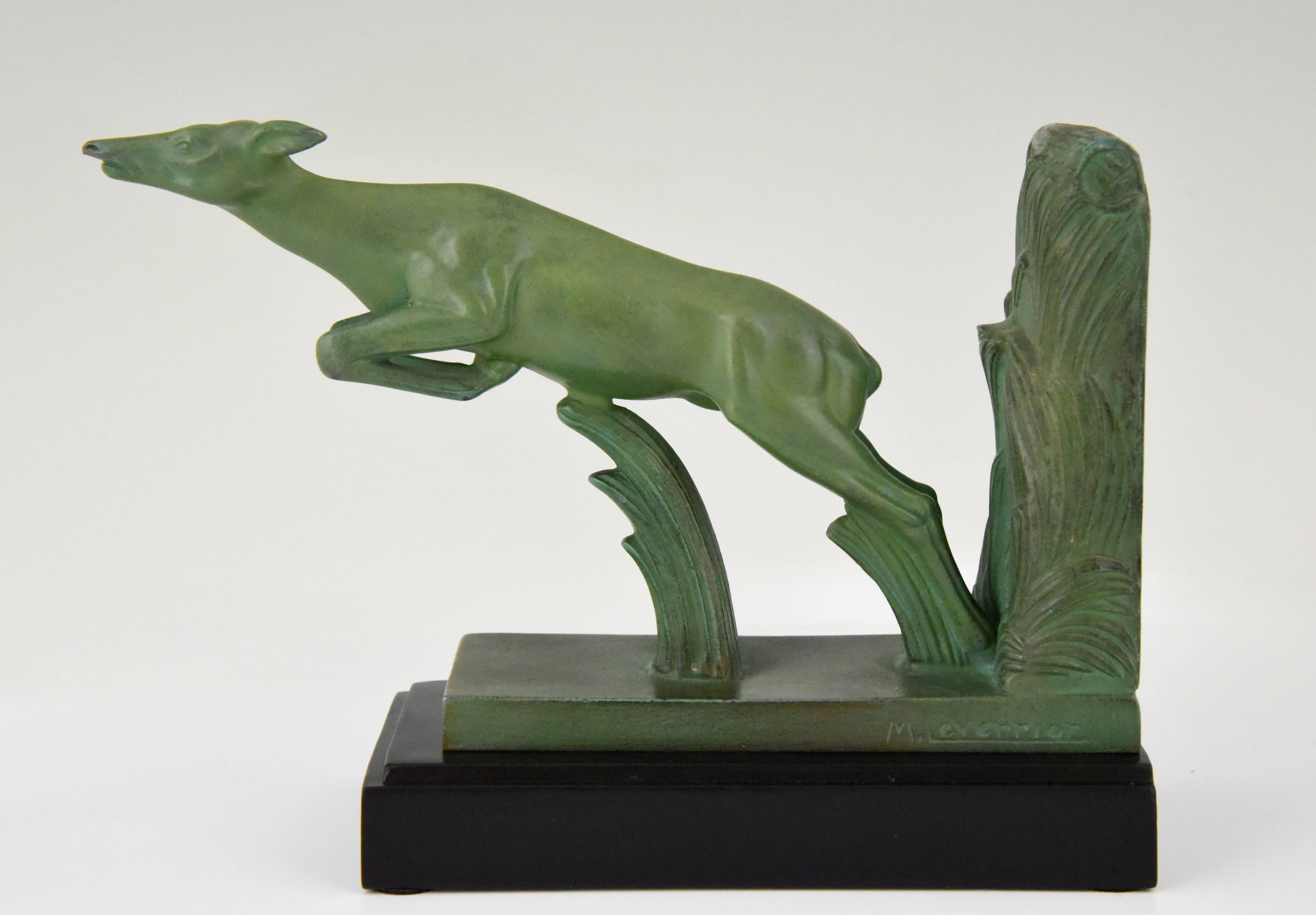 Patinated  Art Deco Leaping Deer Bookends Max Le Verrier, 1930 France