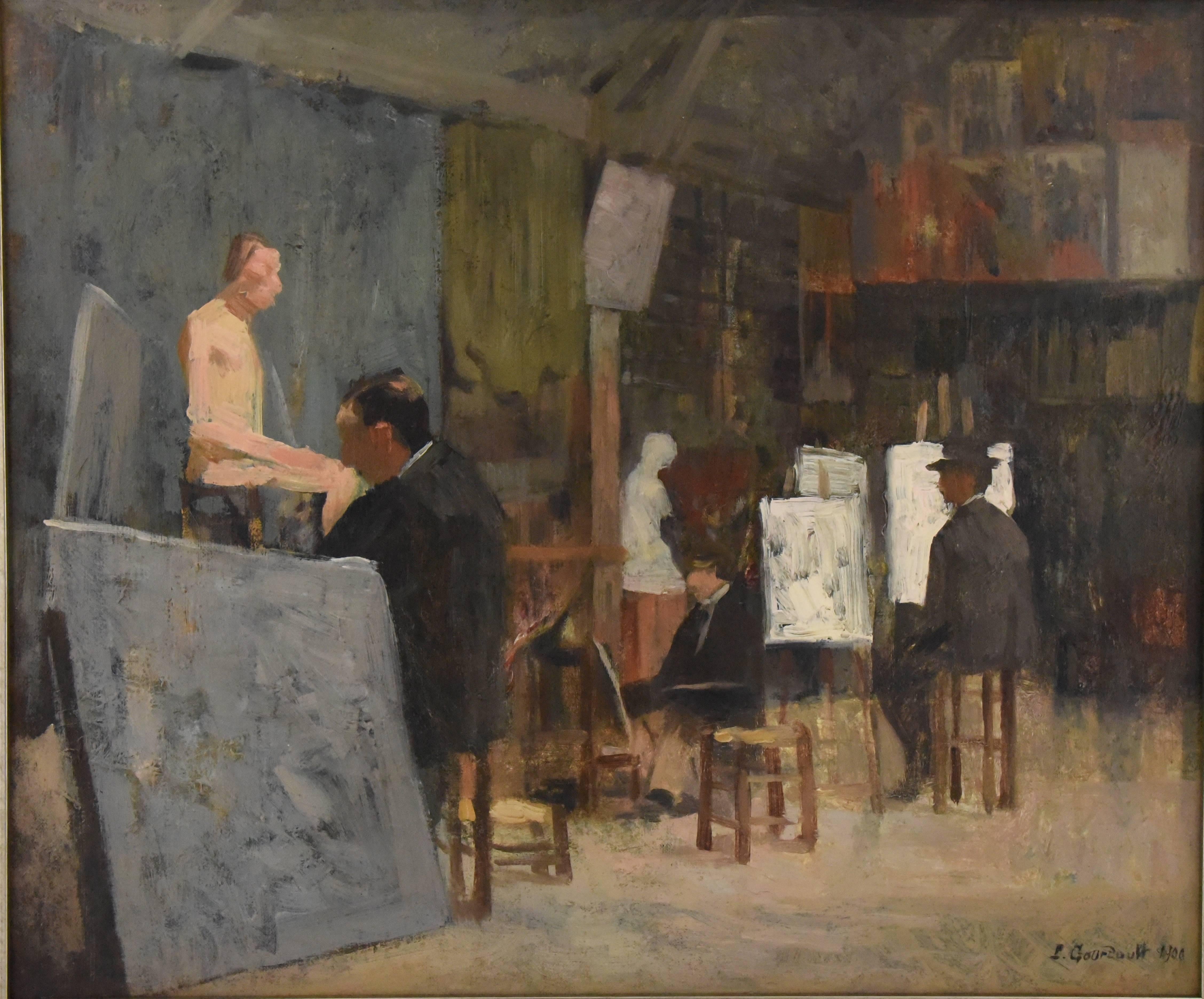 French painting of artists in a painting class or workshop by Pierre Gourdault. 
Signature/ Marks: P. Gourdault, 1900
Style: Impressionst
Date: 1900
Material: Oil paint on canvas. Contemporary frame.
Origin: France
Size: H. 59 cm x L. 68 cm. x