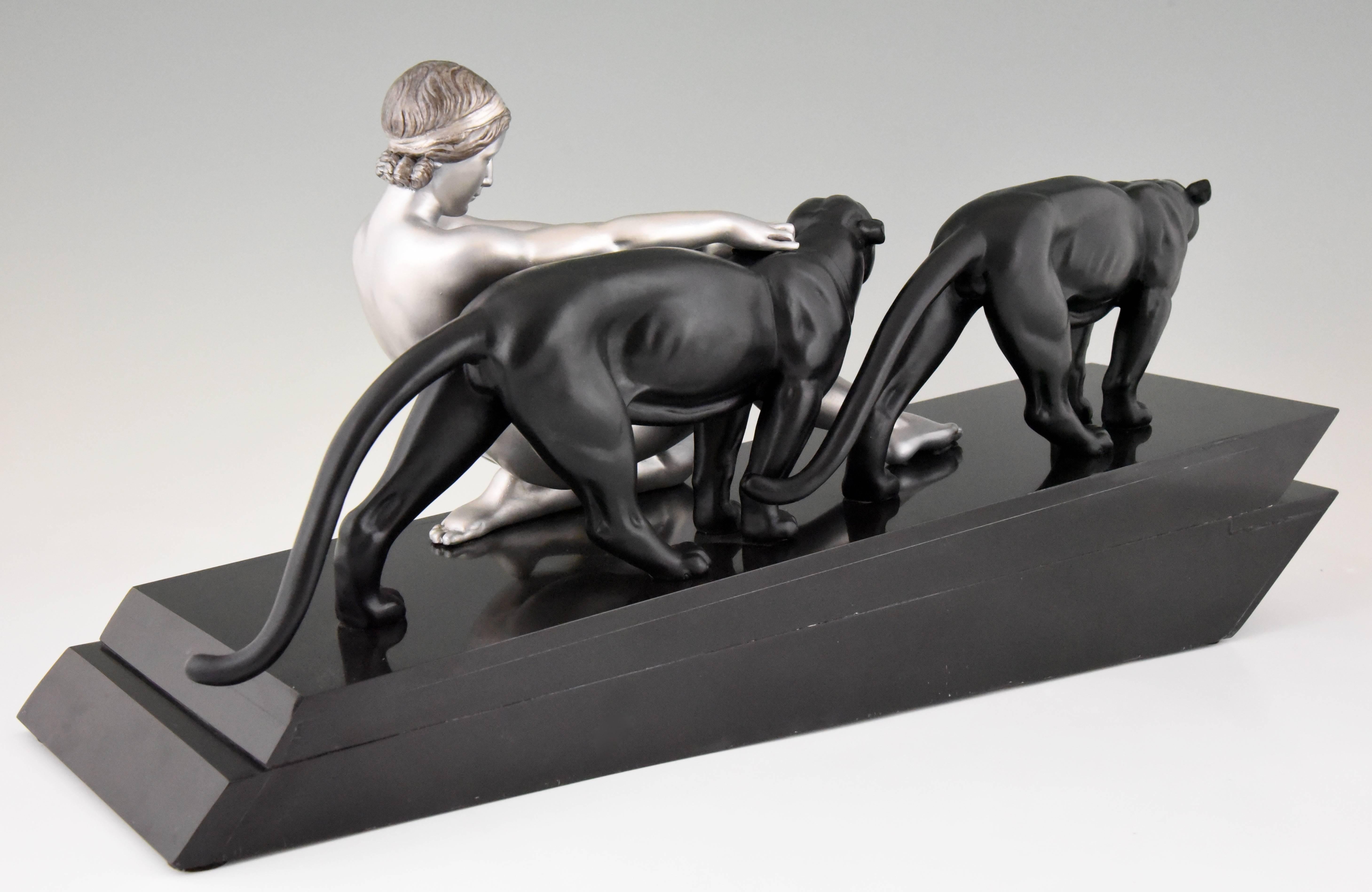 Metal Art Deco Sculpture Nude with Two Panthers Alexandre Ouline France 1930 Original