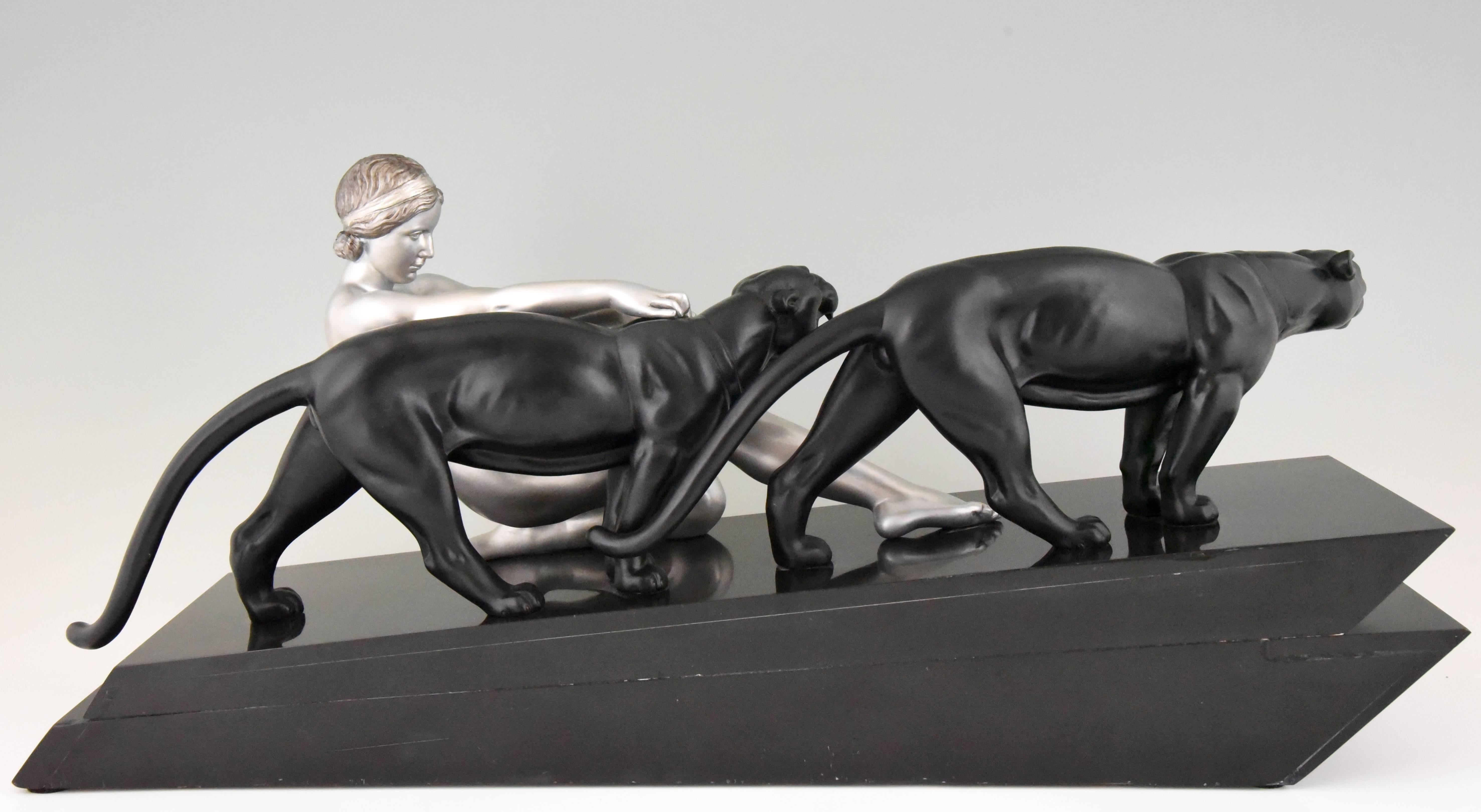 Mid-20th Century Art Deco Sculpture Nude with Two Panthers Alexandre Ouline France 1930 Original