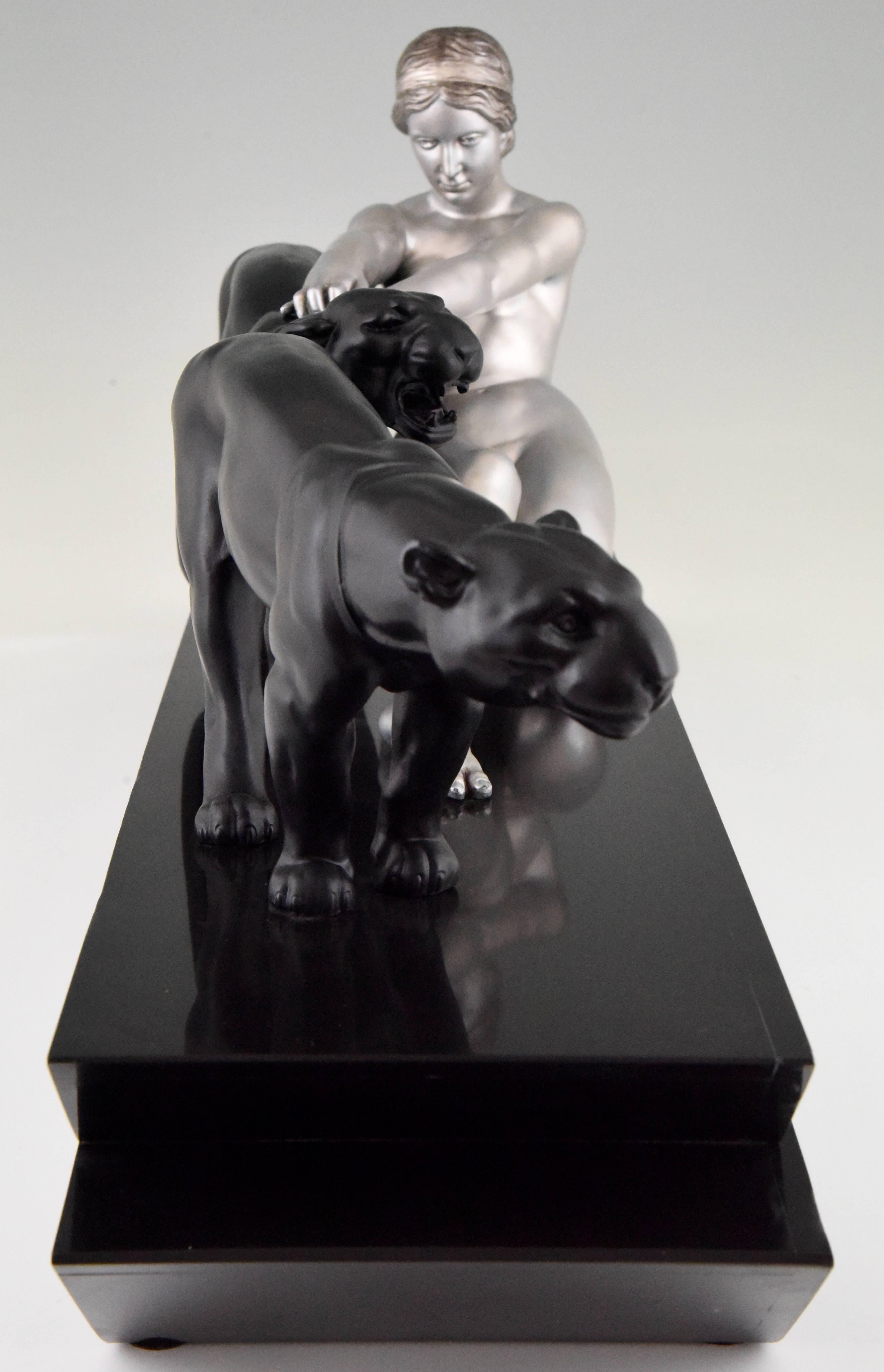 Patinated Art Deco Sculpture Nude with Two Panthers Alexandre Ouline France 1930 Original