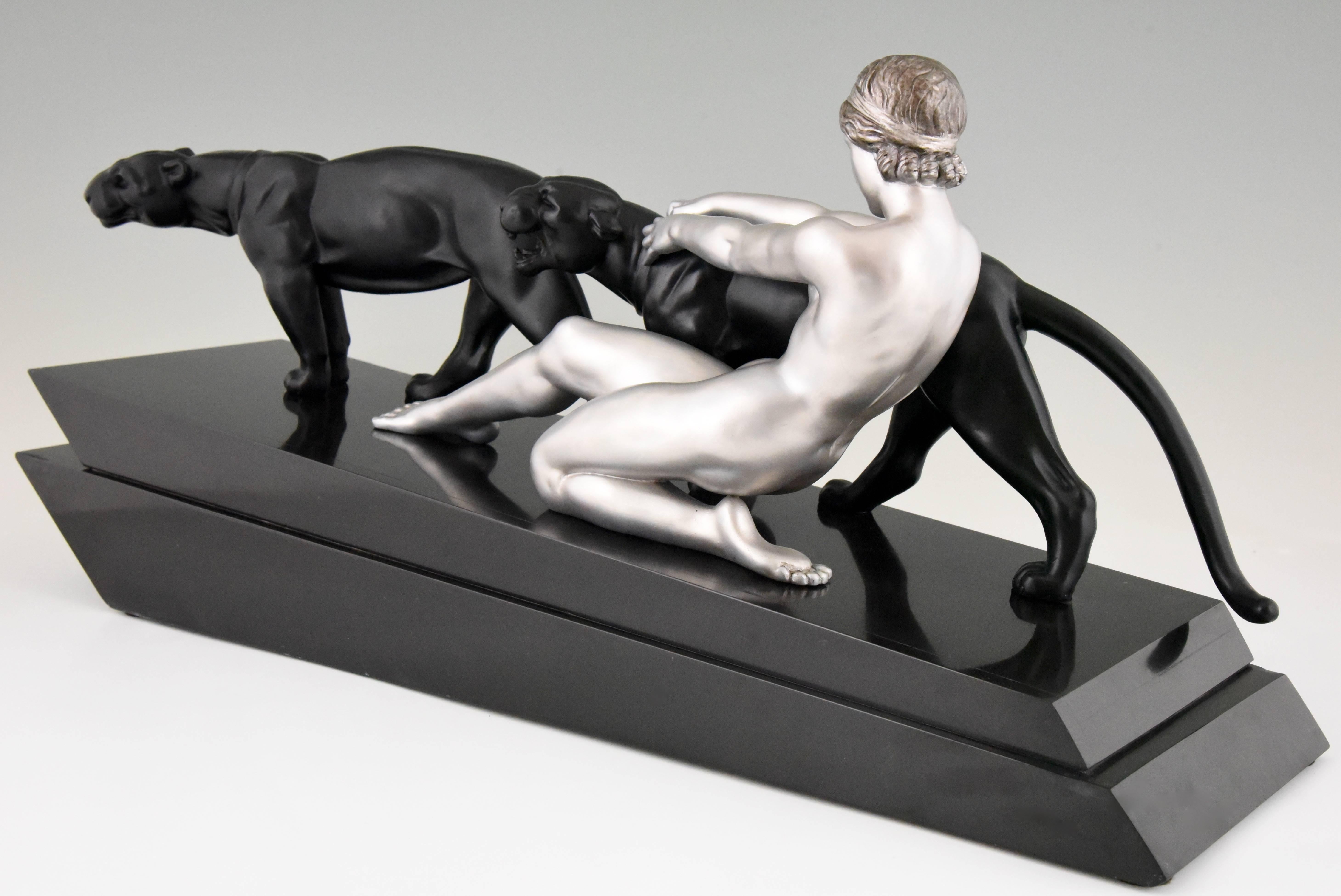Art Deco Sculpture Nude with Two Panthers Alexandre Ouline France 1930 Original 1