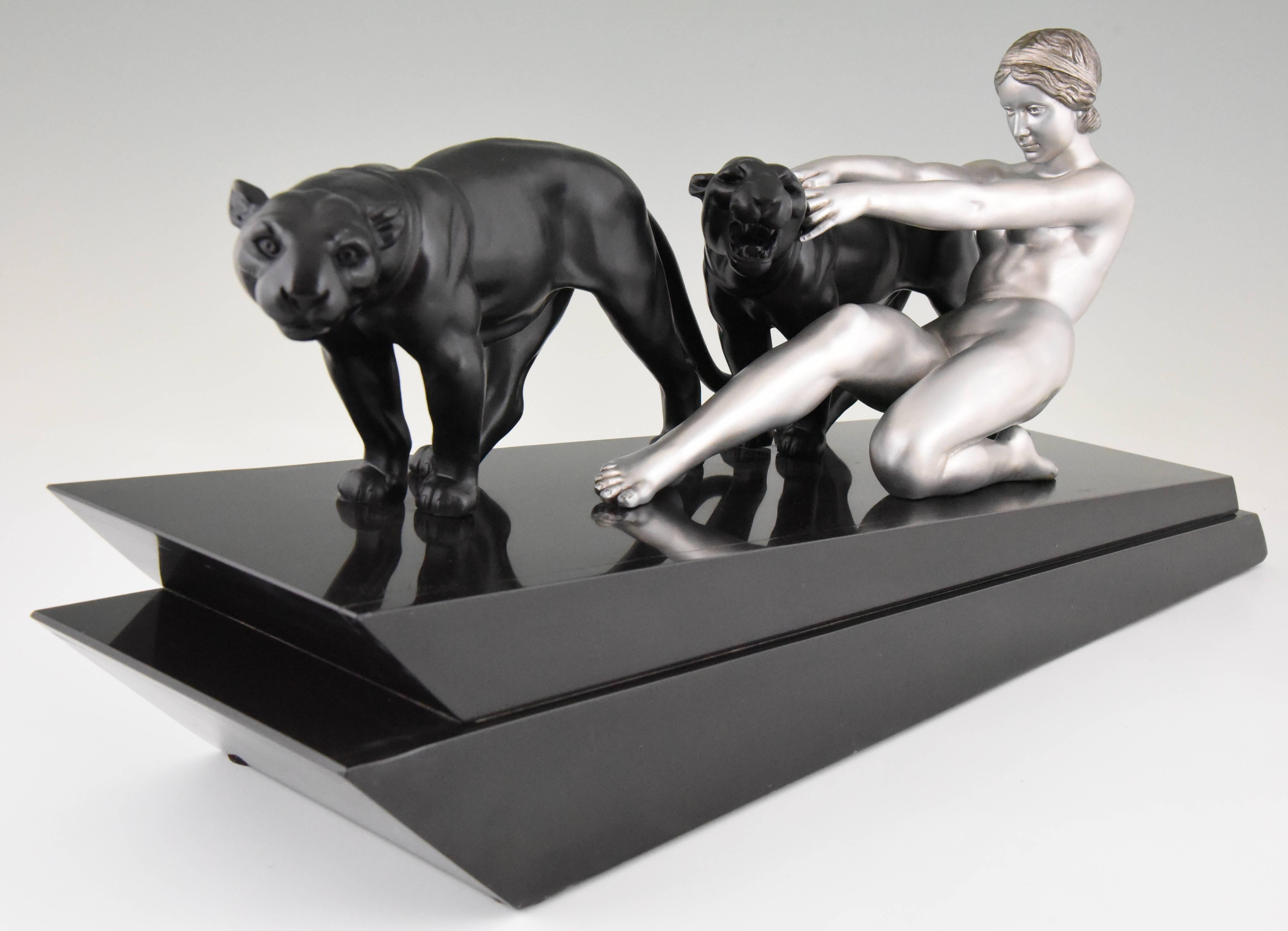 French Art Deco Sculpture Nude with Two Panthers Alexandre Ouline France 1930 Original